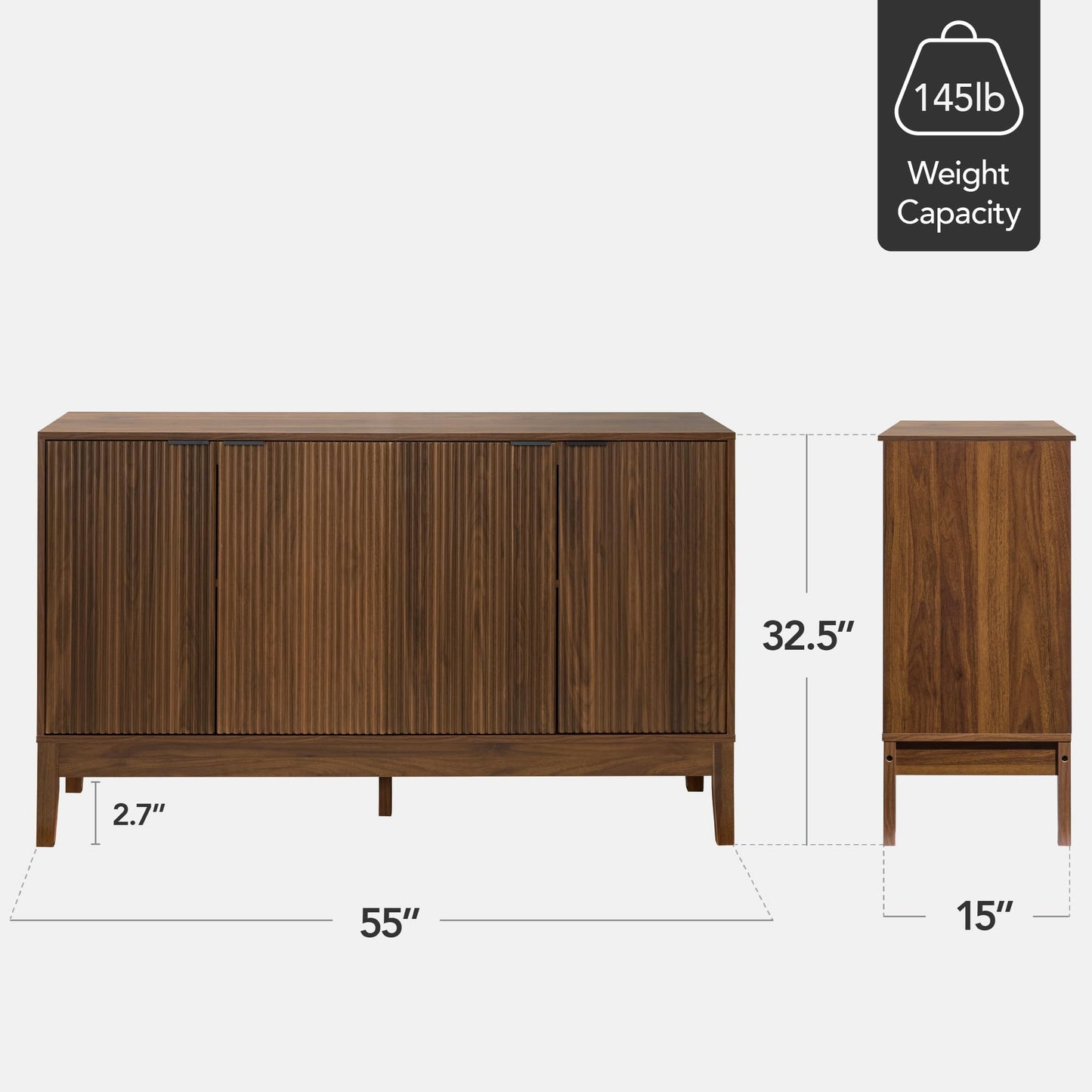 Modern 55" 4-Door Sideboard Storage Cabinet with Reed Panels and Adjustable Shelves, Buffet Media Cabinet for Entryway or Living Room, Walnut