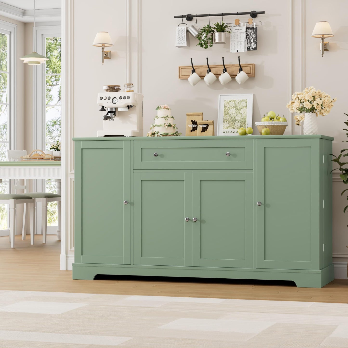 **HITHOS 54" Modern Buffet Cabinet with Storage, Green Kitchen Sideboard with Drawer, Wood Coffee Bar Station with Adjustable Shelves for Living Room**