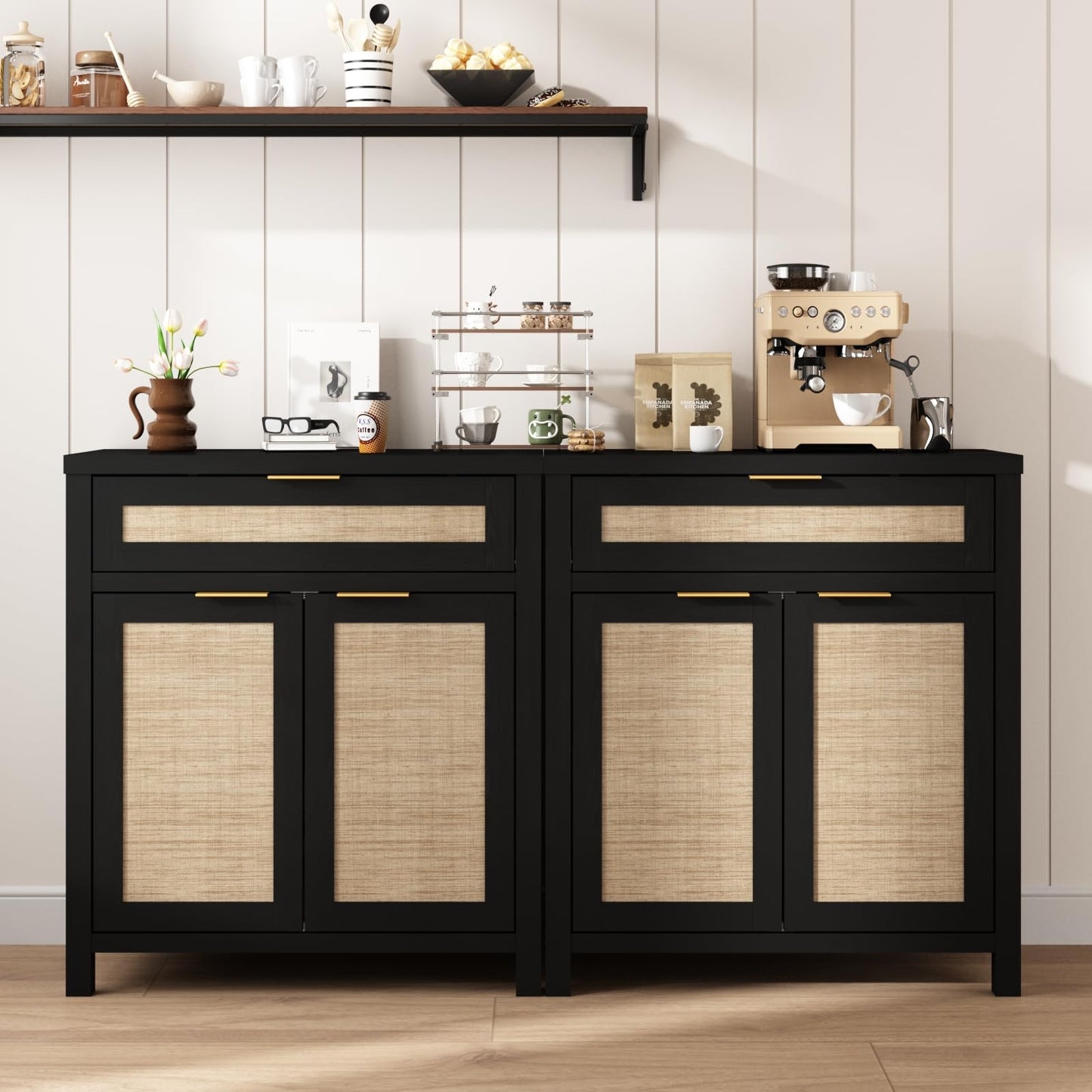 Boho Rattan Sideboard Buffet Cabinet with Doors and Drawer, Farmhouse Storage Credenza with Adjustable Shelf for Living Room, Hallway, or Kitchen, Black