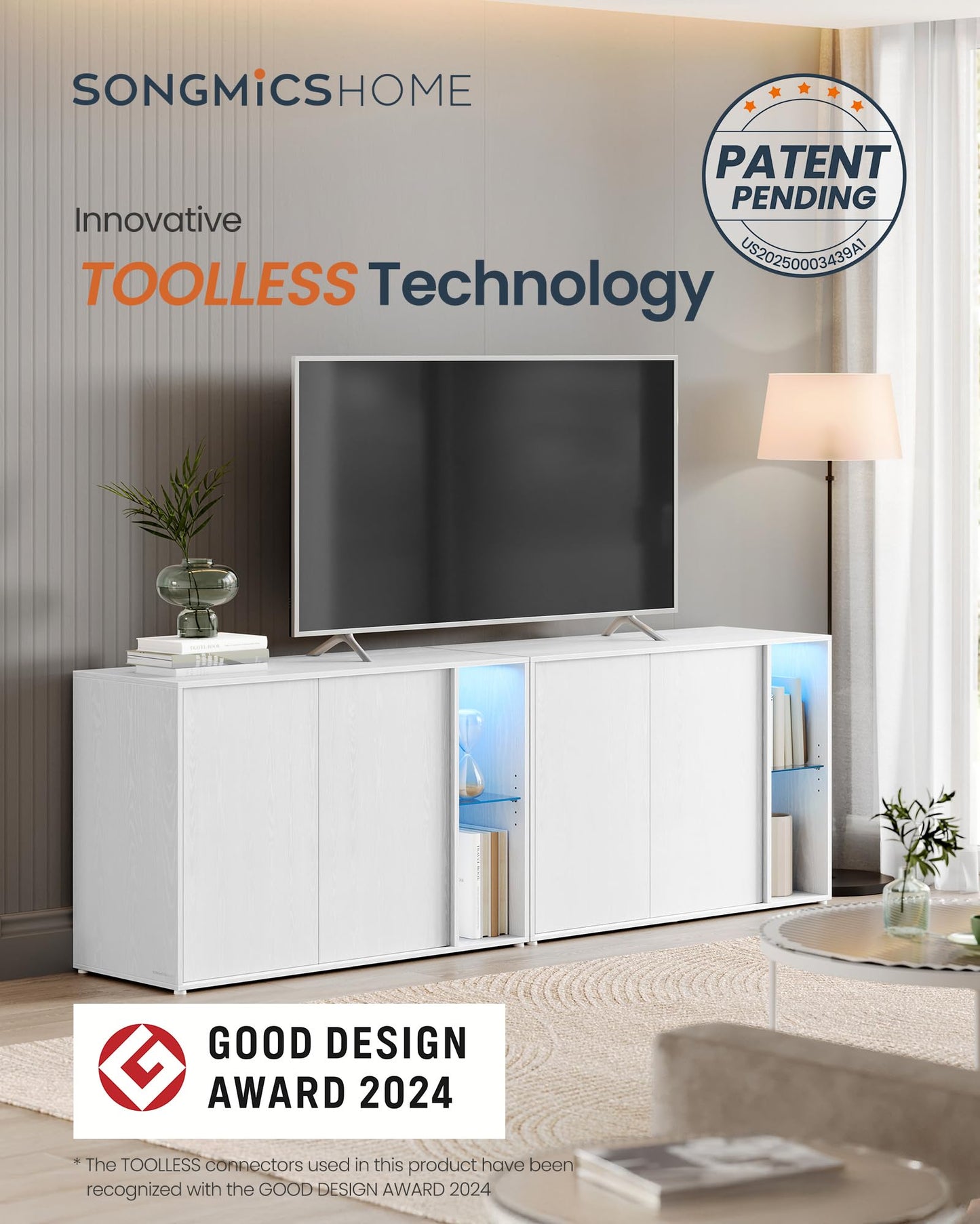 Set of 2 Storage Cabinets with Lighting and Glass Shelf, Superfast Toolless Assembly Accent Buffet Sideboards for Living Room, Snow White