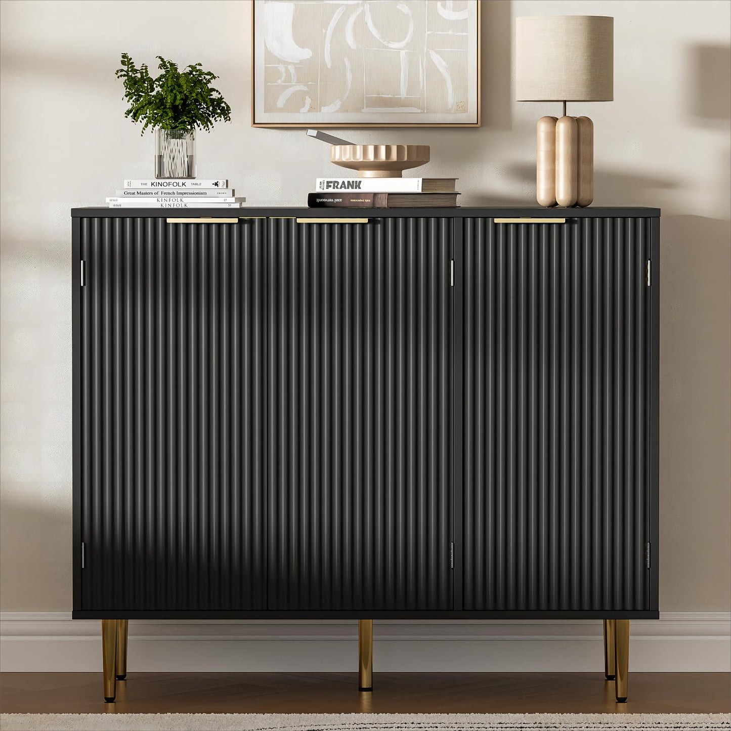 Fluted Sideboard Buffet with 3 Doors and Adjustable Shelves, Modern Kitchen Storage Cabinet with Gold Handles, Coffee Bar for Living Room or Kitchen, Black