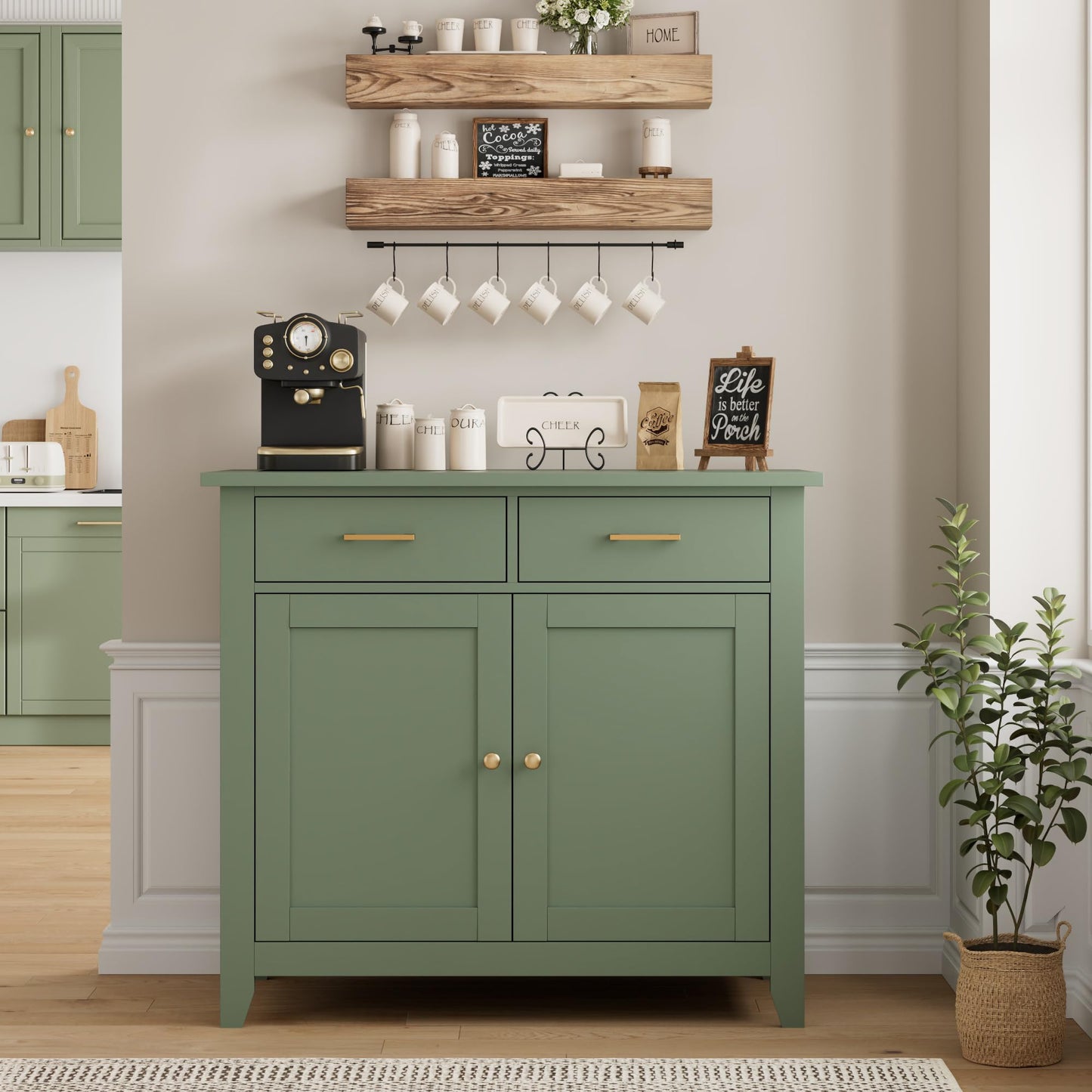 HORSTORS Modern Farmhouse Buffet Cabinet with Storage, Kitchen Sideboard Coffee Bar with 2 Drawers and 2 Doors, Floor Storage Cabinet for Living Room, Dining Room, or Bathroom, Green