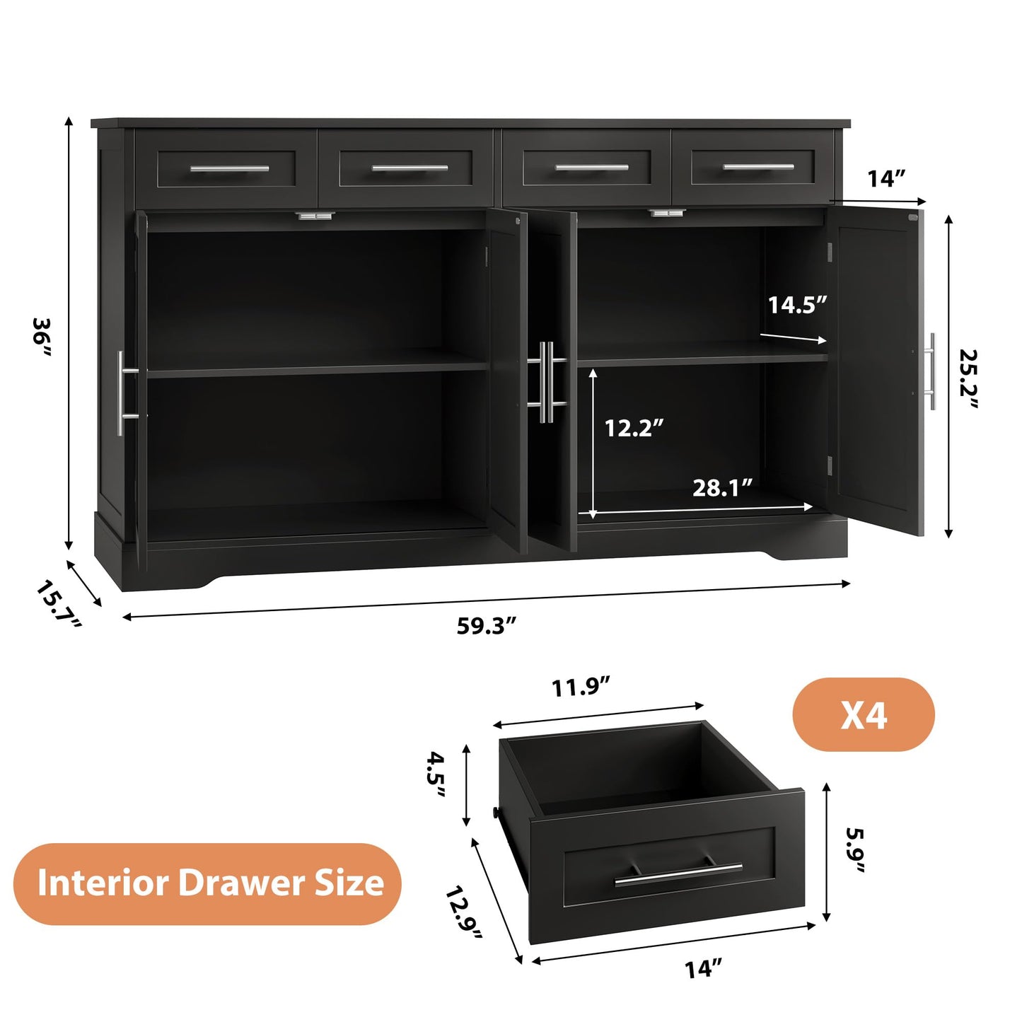 60" Large Buffet Sideboard with 4 Drawers and Storage, 36" Tall Modern Kitchen Cabinet with Silver Handles, Black