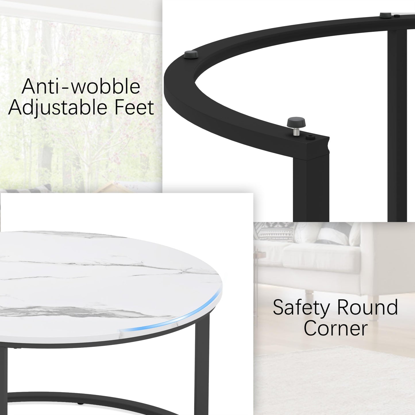 WiberWi Round Nesting Coffee Tables Set of 2 – Large Ø33.5", Small Ø25.7", Modern Metal Frame Circle Tables with High Gloss Faux White Marble Top for Living Room