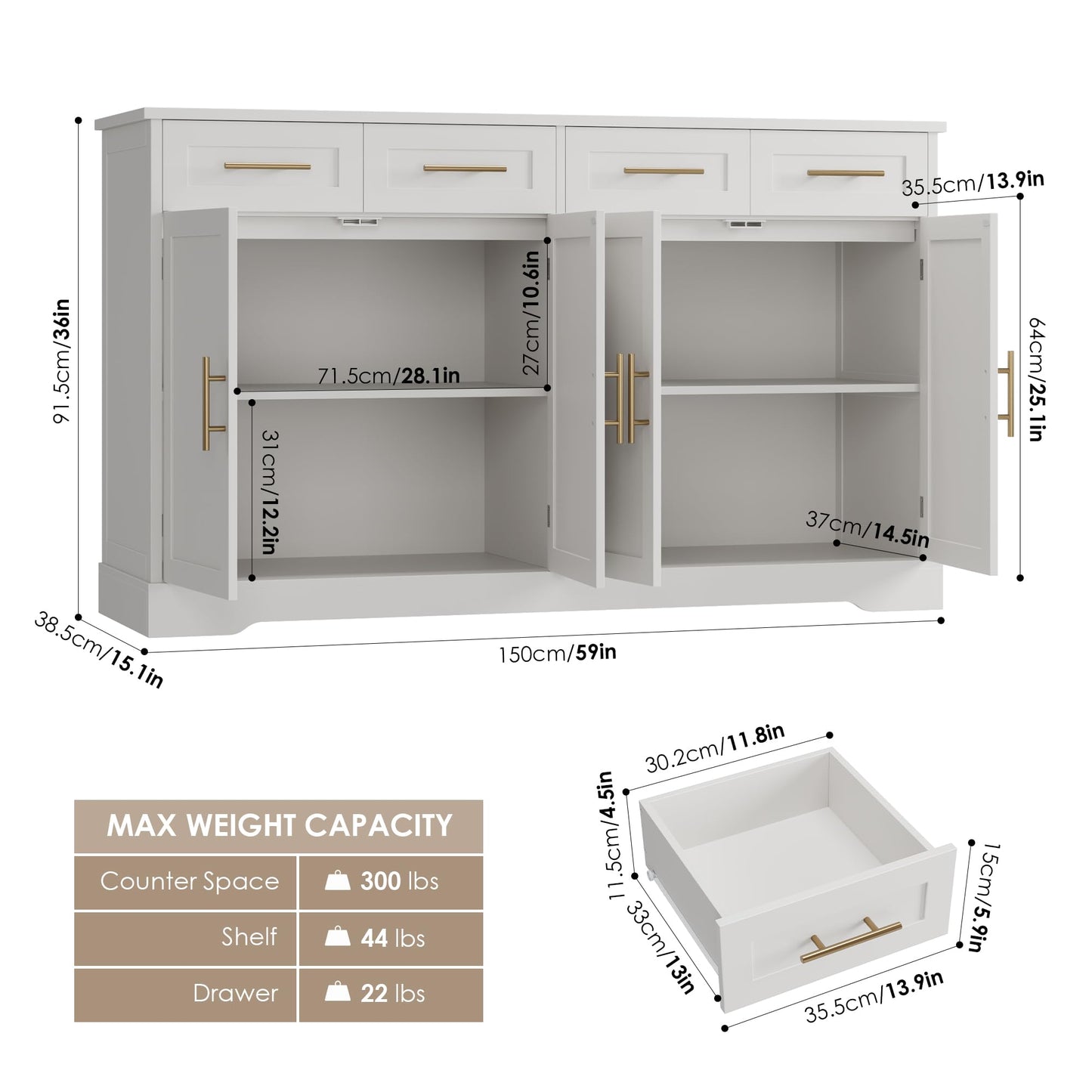 60" Large Buffet Sideboard with 4 Drawers and Storage, 36" Tall Modern Kitchen Cabinet with Gold Handles, White