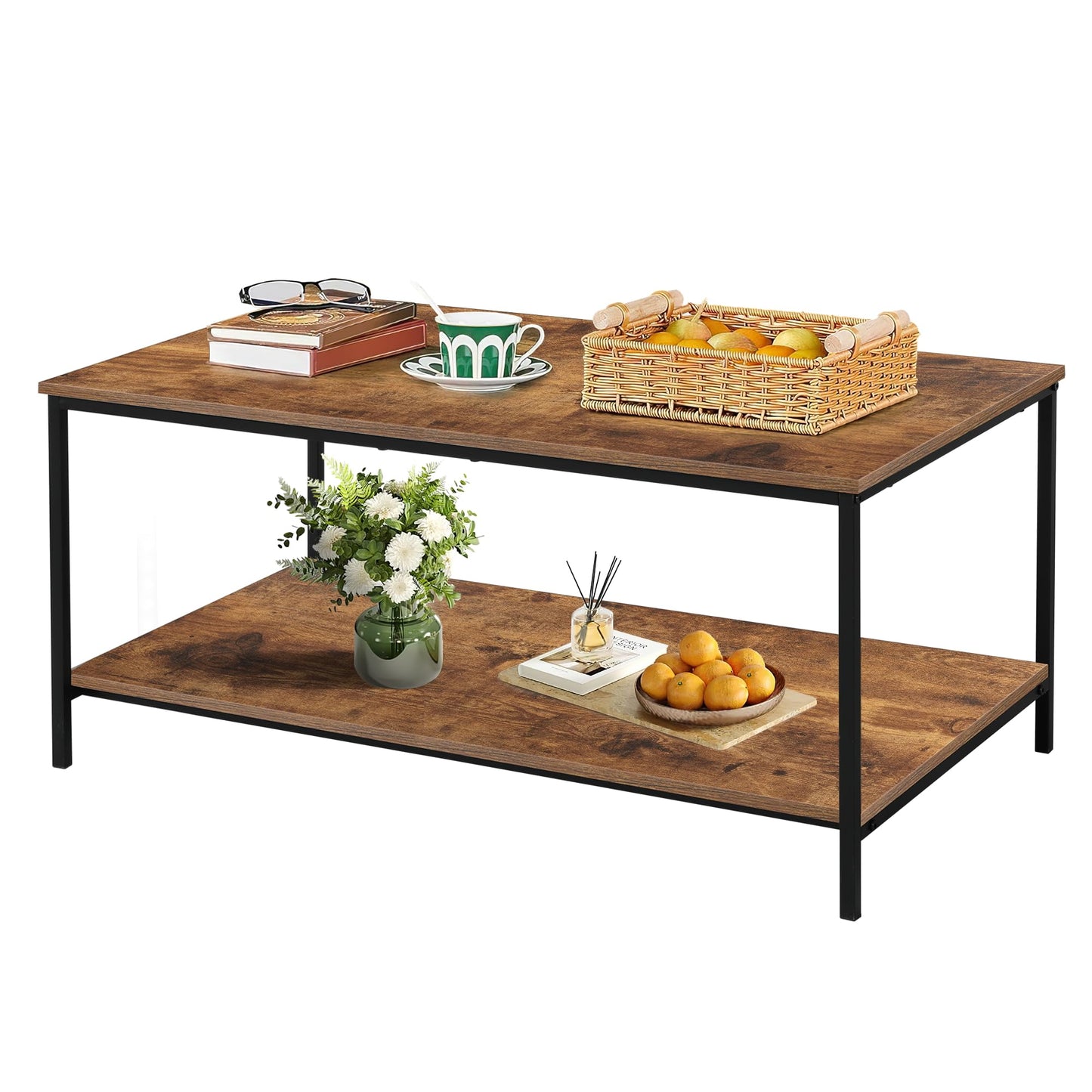 2-Tier Coffee Table with Storage Shelf, Brown Wood and Metal Frame Rectangle Table for Living Room, 39.3"x20"x16"