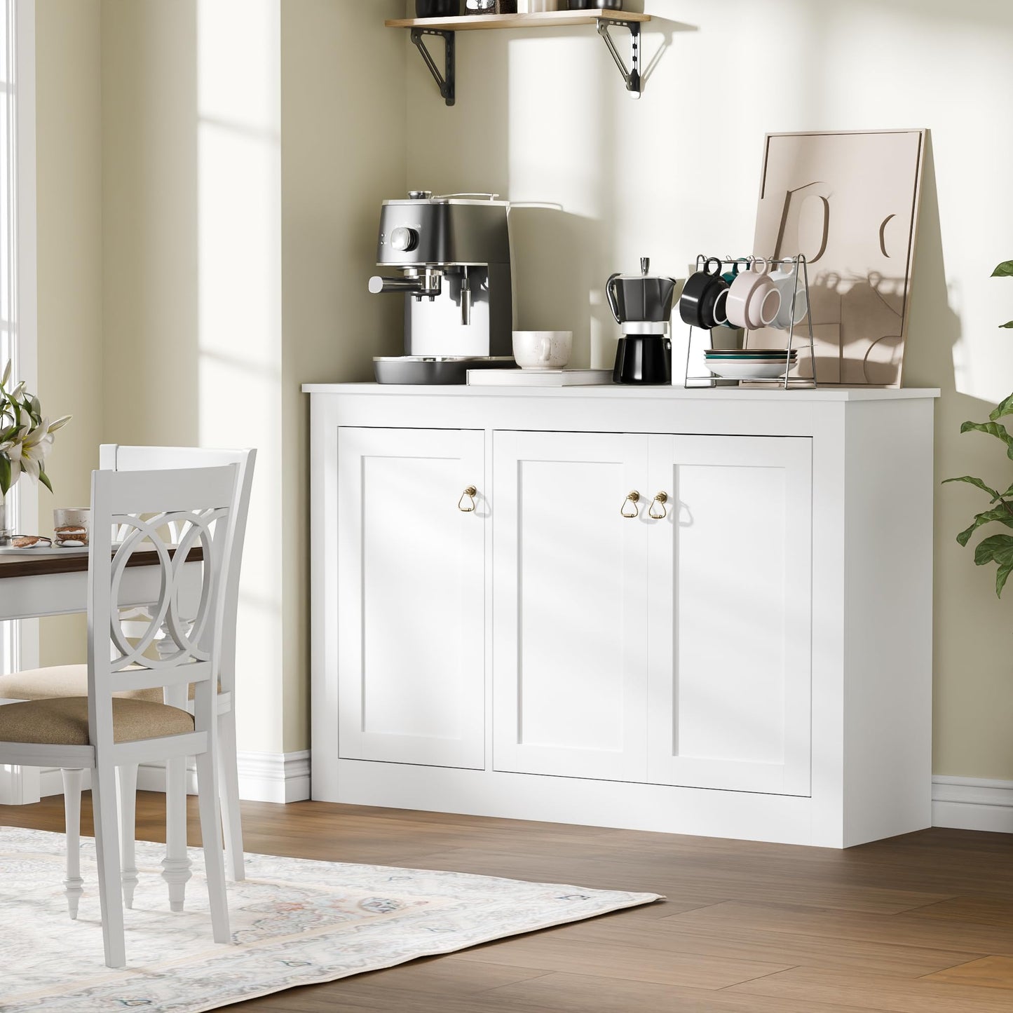 44.5" White Buffet Cabinet with Storage, Wood Console Table Coffee Bar Sideboard for Kitchen, Dining, Living Room, or Entryway