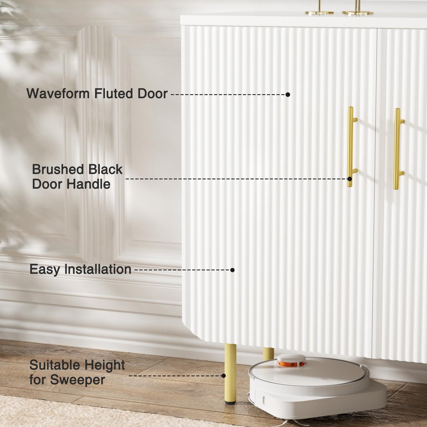 Buffet Cabinet with 2 Doors and Adjustable Shelf, Fluted Modern Sideboard Accent Cabinet for Living Room, White