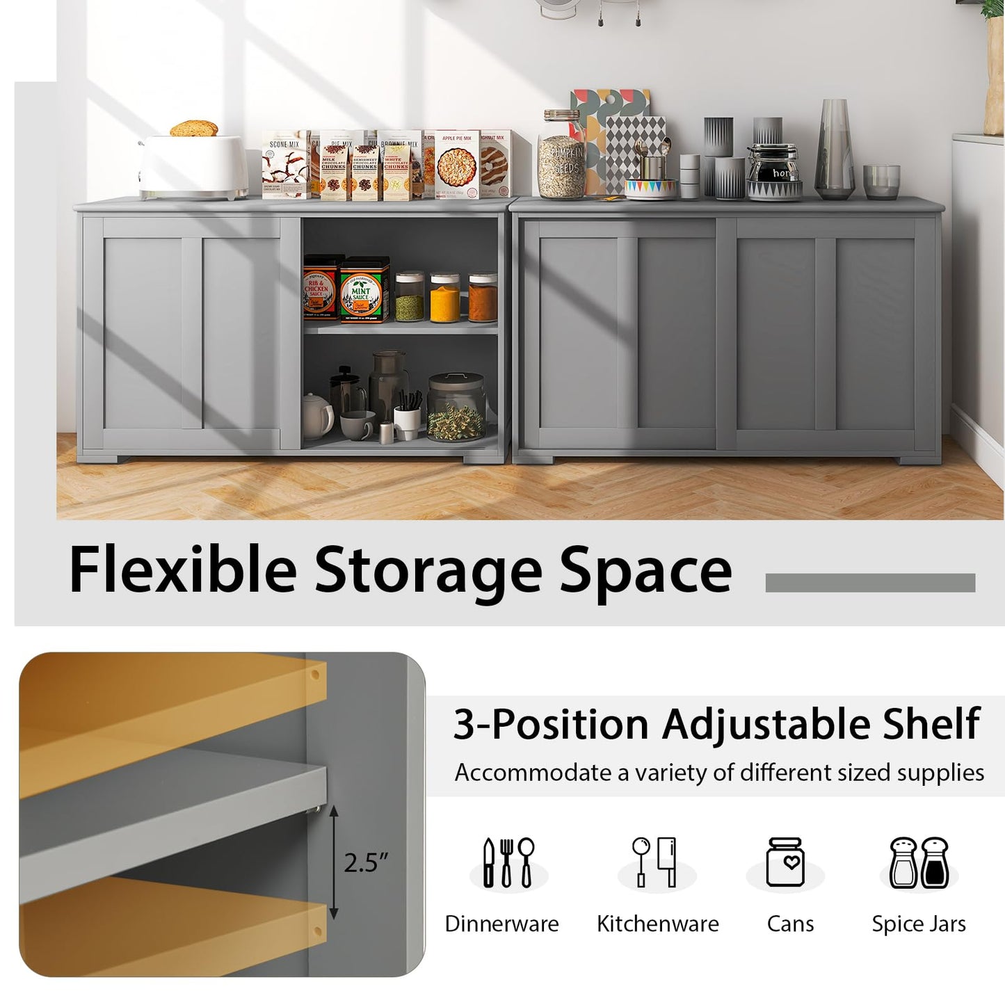 Wooden Sideboard Buffet Cabinet with Adjustable Shelf and Sliding Barn Door, Kitchen Storage and Coffee Bar Console Table for Living Room, Dining Room, or Hallway, Grey