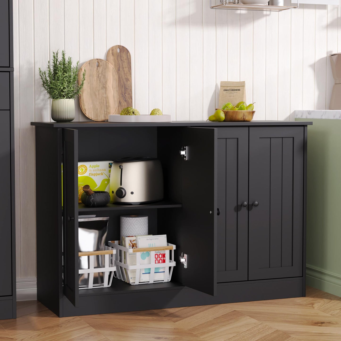 47" Sideboard Buffet Cabinet with 4 Doors, Modern Farmhouse Coffee Bar Storage Table for Kitchen, Dining, or Living Room, Black