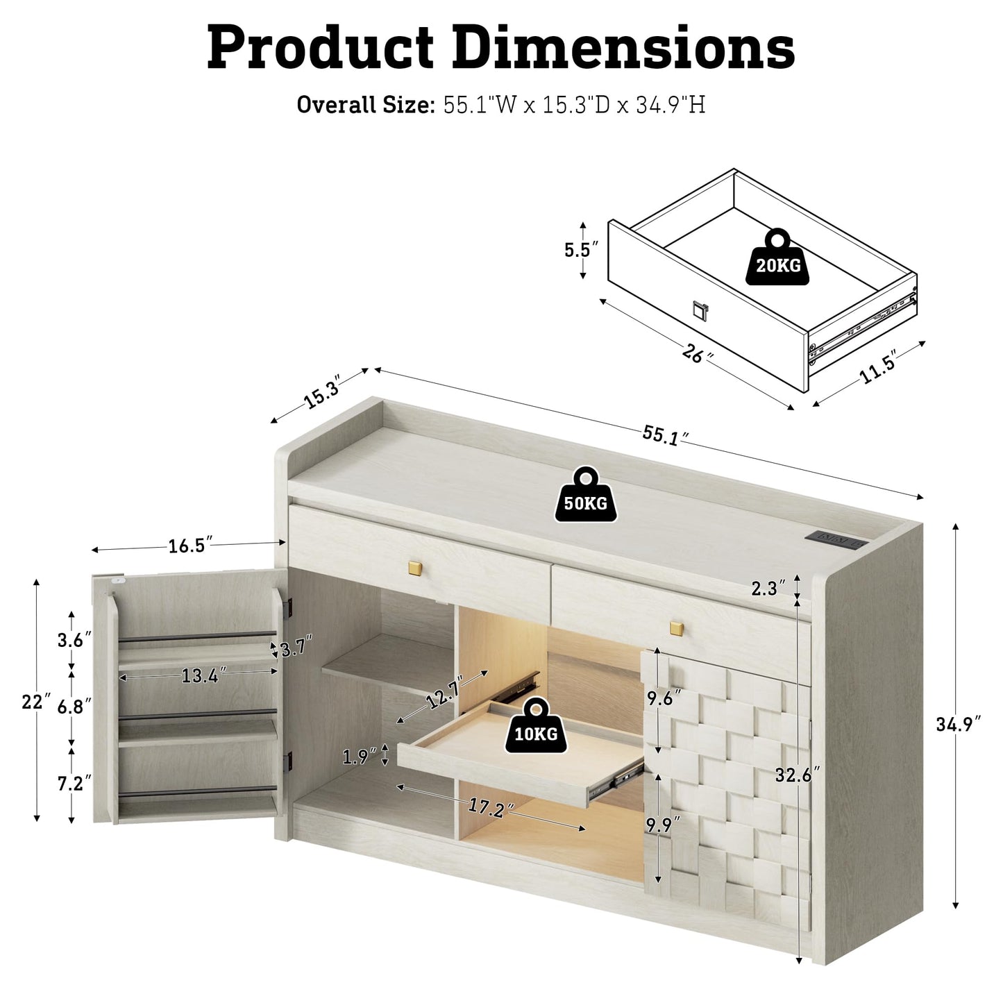 55" Fluted Sideboard Buffet Cabinet with Charging Station and LED Light, 2 Drawers, Pull-Out Shelf, and Spice Rack, Modern Kitchen Storage, White Oak