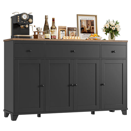 **HIFIT 55" Large Kitchen Buffet Cabinet with Storage, Farmhouse Sideboard with Drawers, Doors, and Shelves, Wood Coffee Bar Cabinet for Kitchen, Dining, or Living Room, Black**
