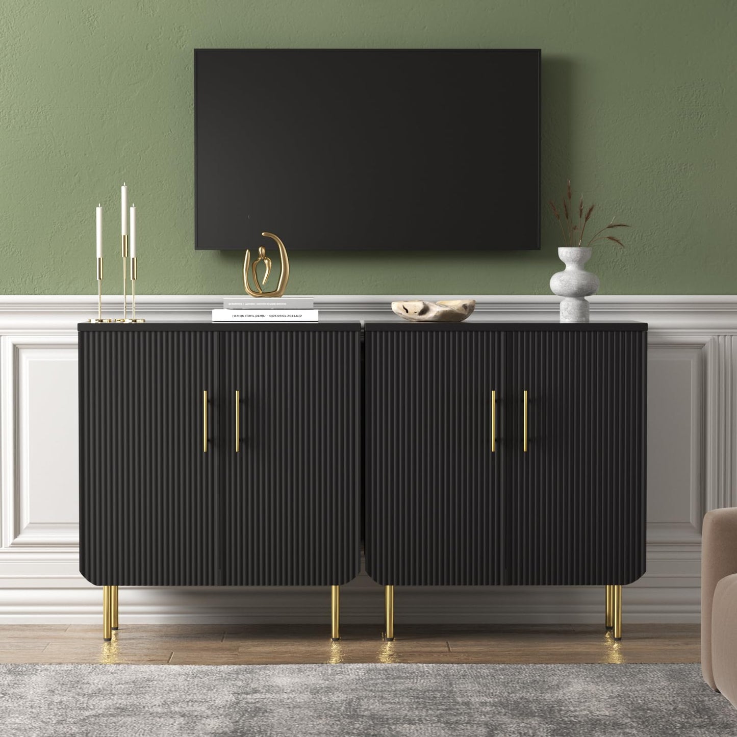 Buffet Cabinet with 2 Doors and Adjustable Shelf, Fluted Modern Sideboard Accent Cabinet for Living Room, Black