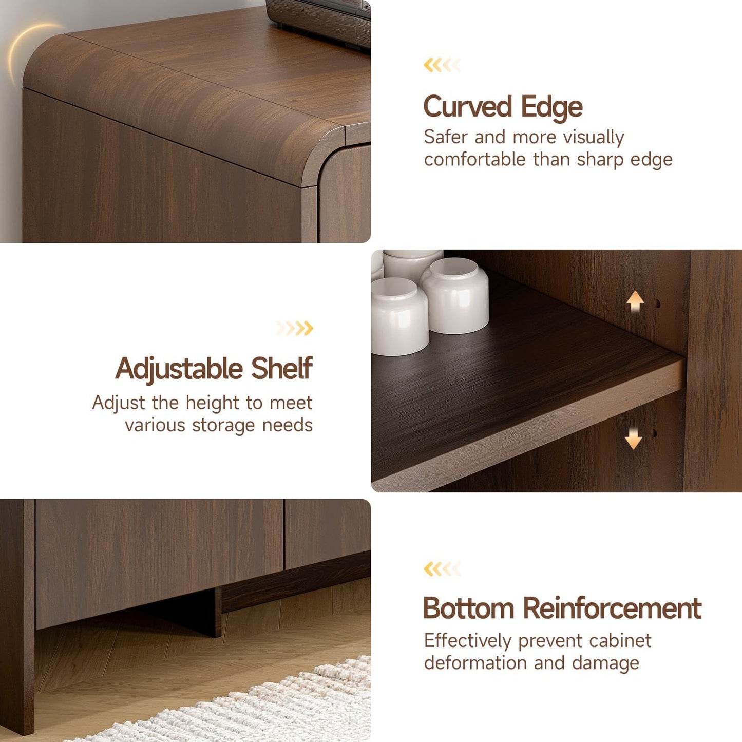 60" Curved Sideboard Buffet Cabinet with 4 Doors and Adjustable Shelves, Farmhouse Coffee Bar Storage for Living Room, Kitchen, or Hallway, Walnut