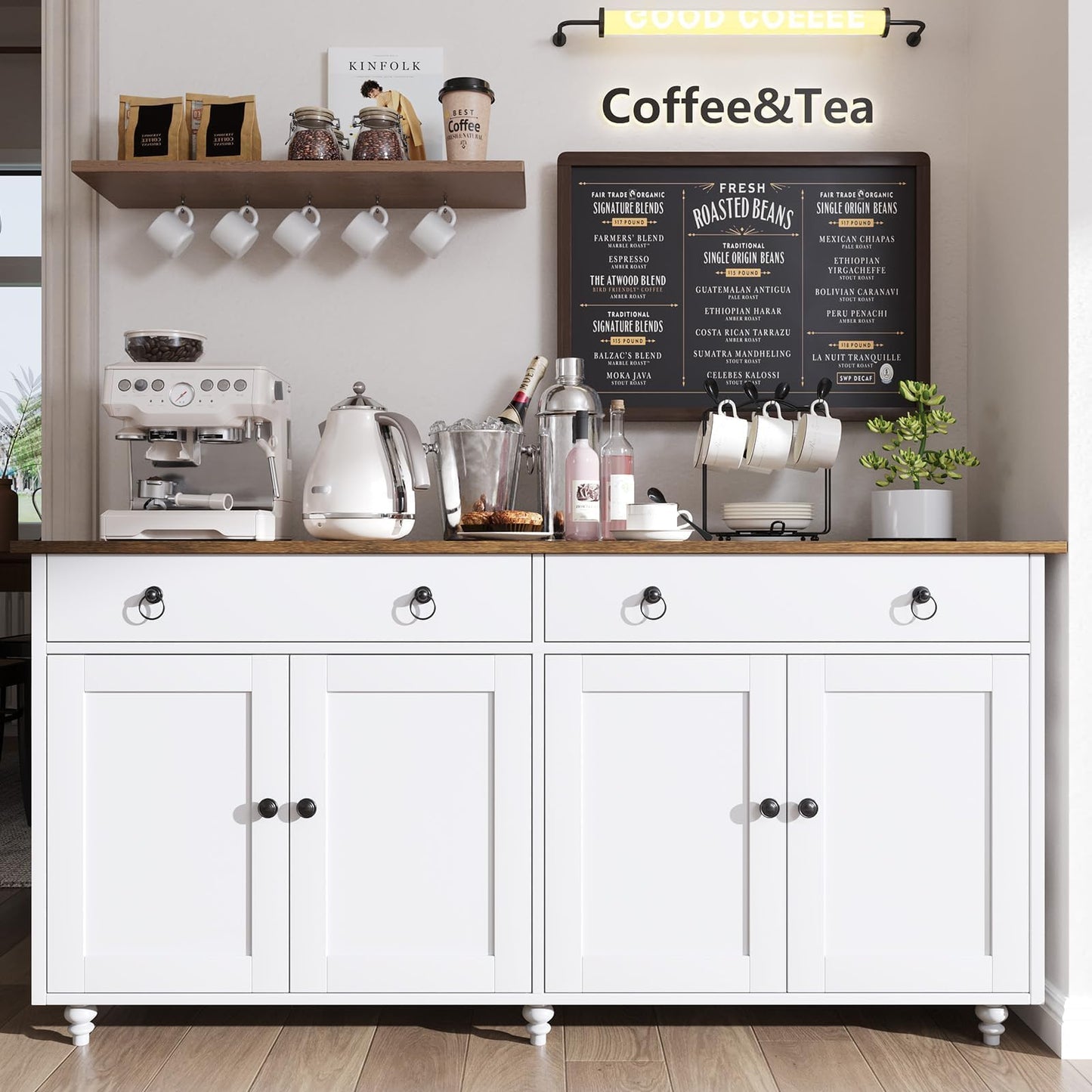 **55" Buffet Cabinet with Storage, Sideboard with 2 Drawers and 4 Doors, Modern Farmhouse Coffee Bar Cabinet, Wood Buffet Table for Kitchen or Dining Room, White**