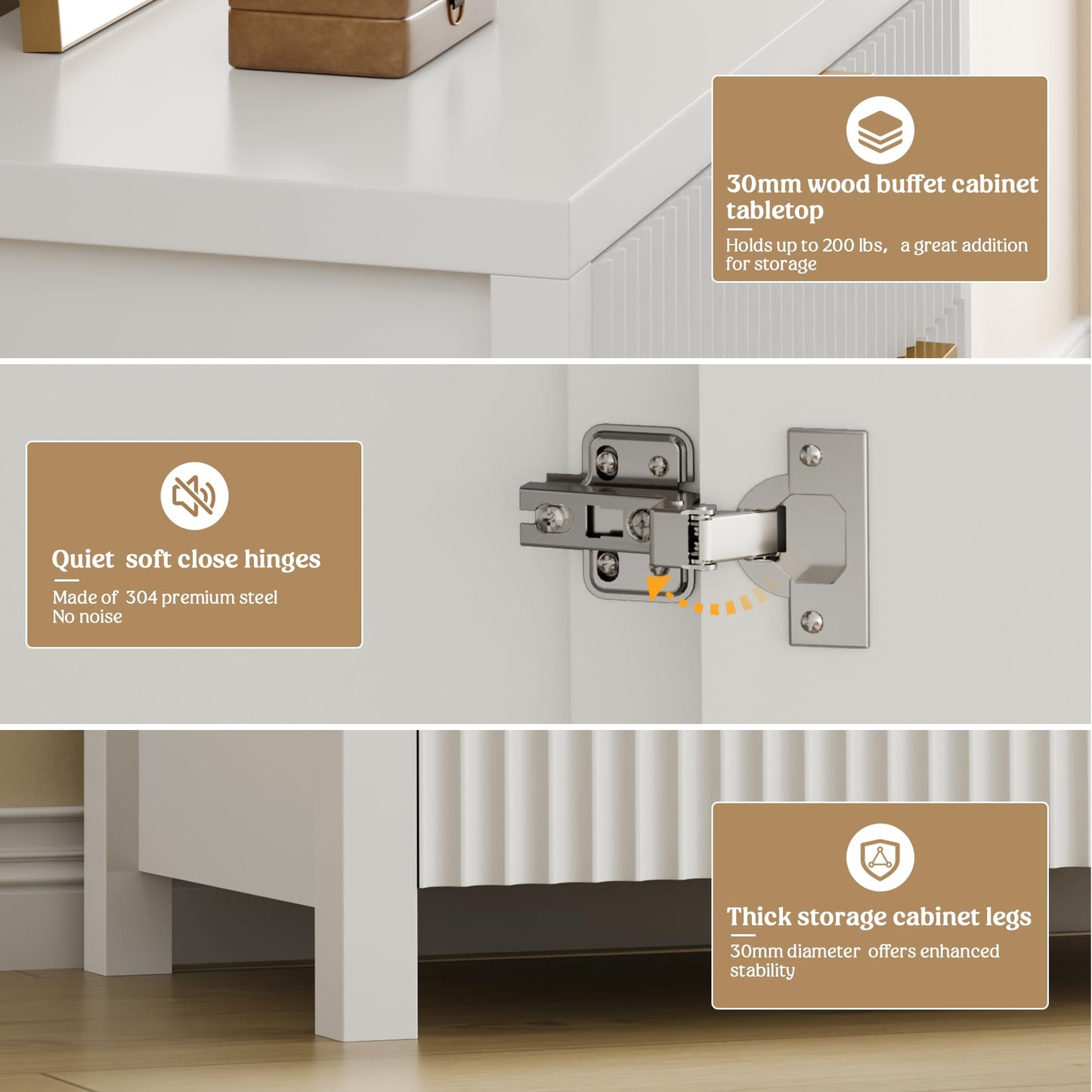 White Fluted Storage Cabinet with Drawers and Adjustable Shelves, Buffet Sideboard for Kitchen, Living Room, or Entryway