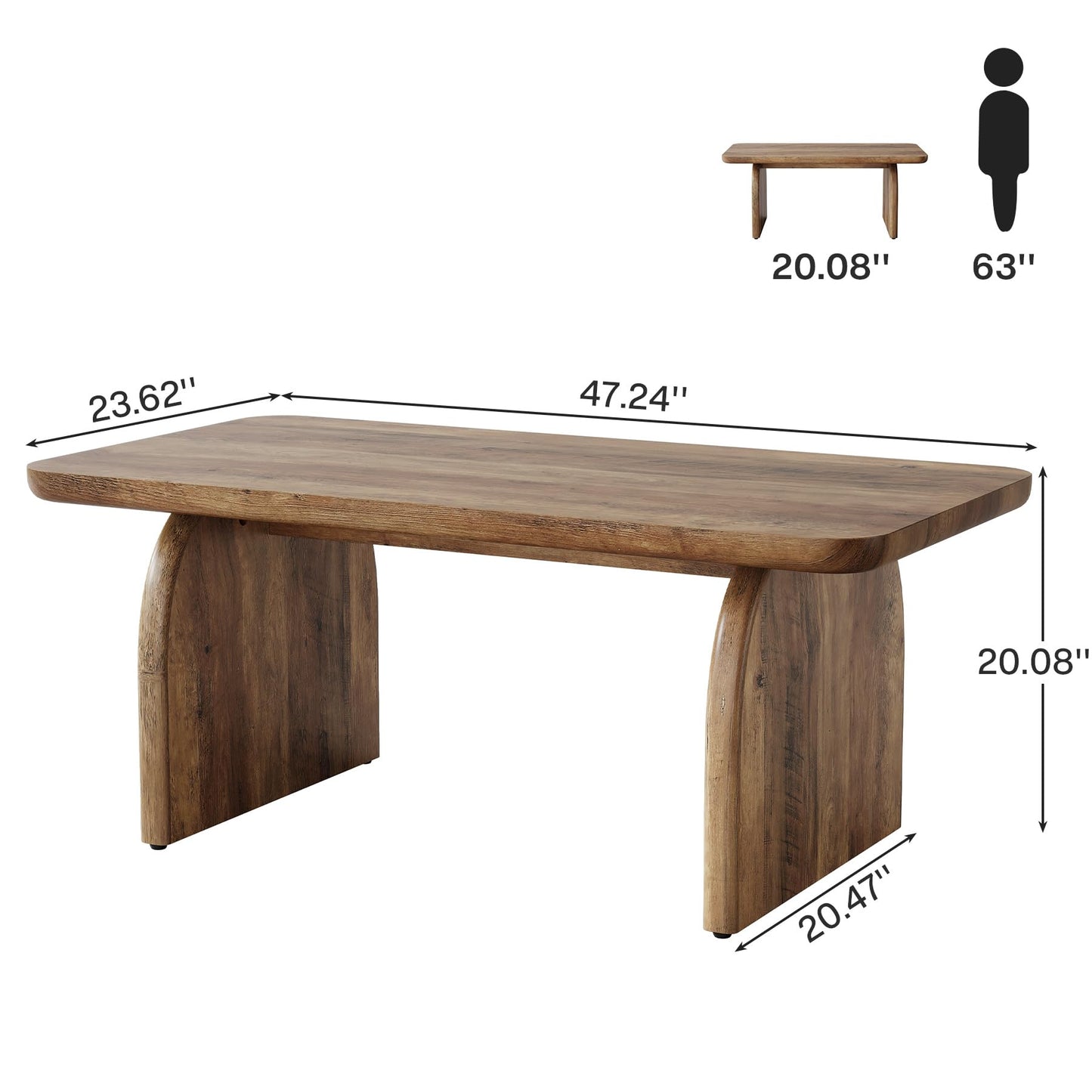Rectangle Wood Coffee Table, 47-Inch Farmhouse Accent Center Table with Sturdy Base and Rounded Corners, Rustic Brown