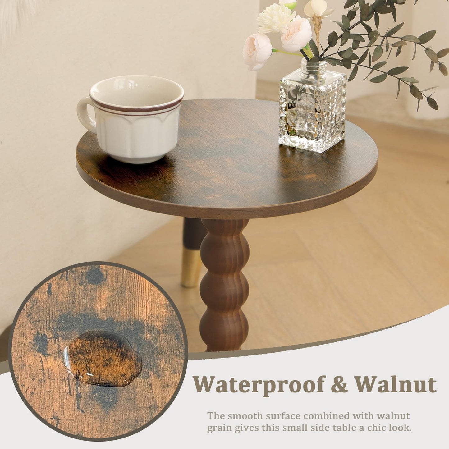 Round Side Table, Small Modern Drink Table with Solid Wood Legs for Living Room, Bedroom, Office, Rustic Brown