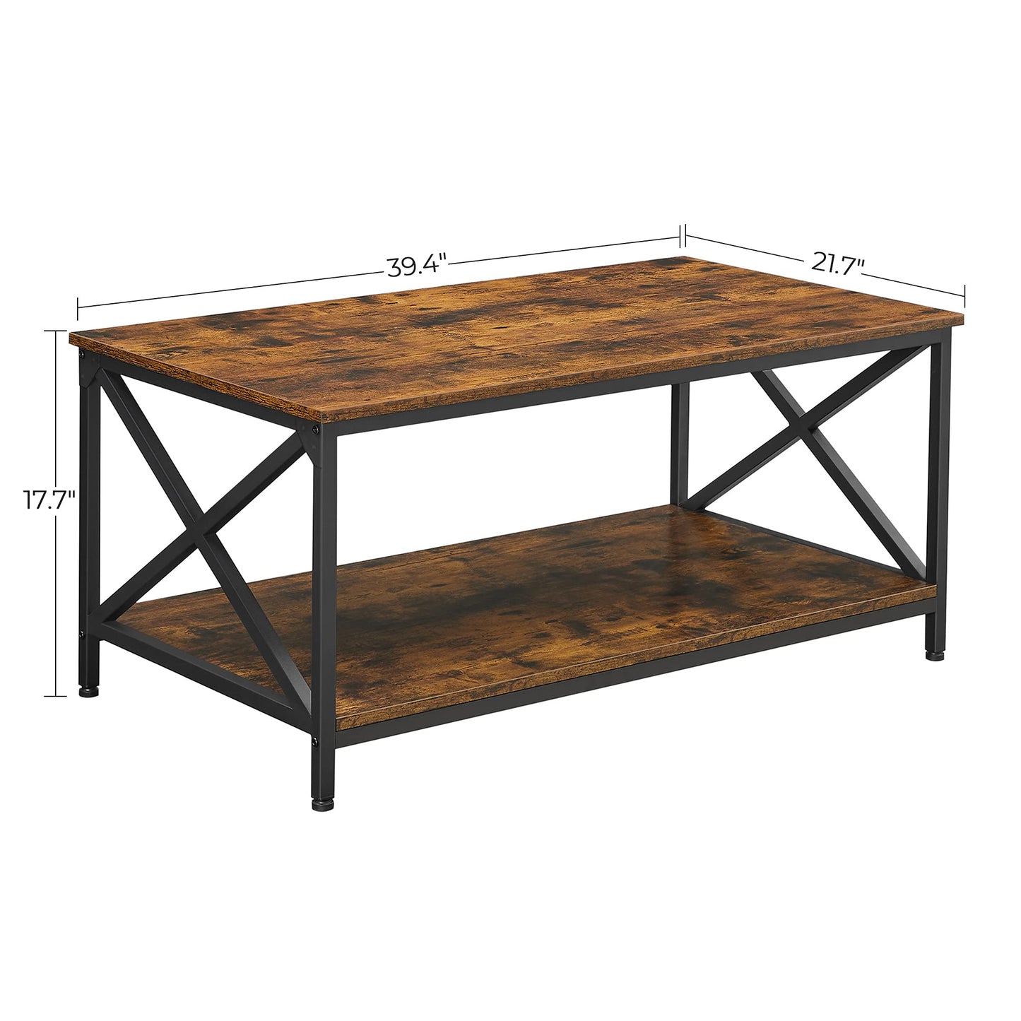 Industrial Farmhouse Coffee Table with X-Shape Steel Frame and Storage Shelf, 39.4"x21.7"x17.7", Rustic Brown/Black