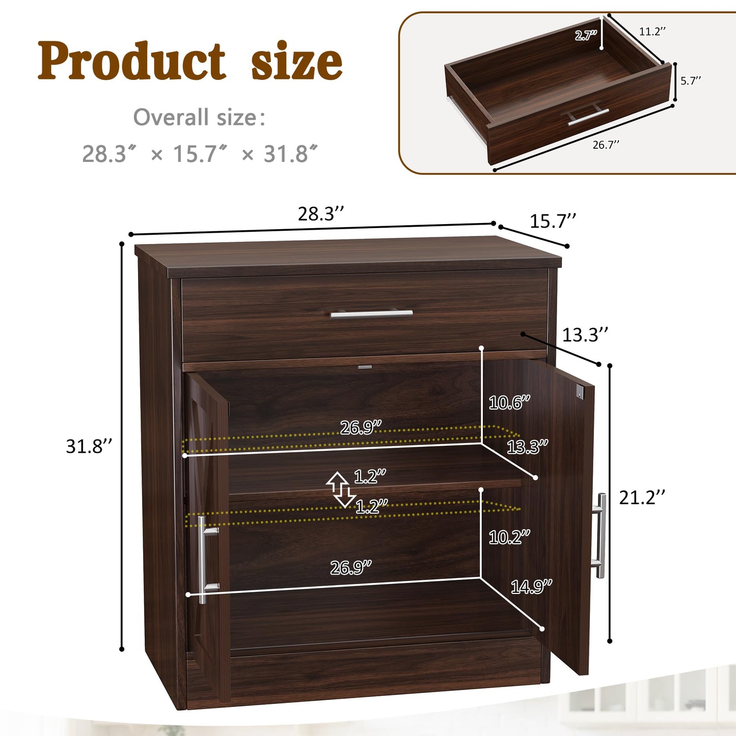 Modern Sideboard Buffet Cabinet with 1 Drawer and 2 Doors, Wood Coffee Bar Storage for Kitchen or Dining Room, Rustic Brown