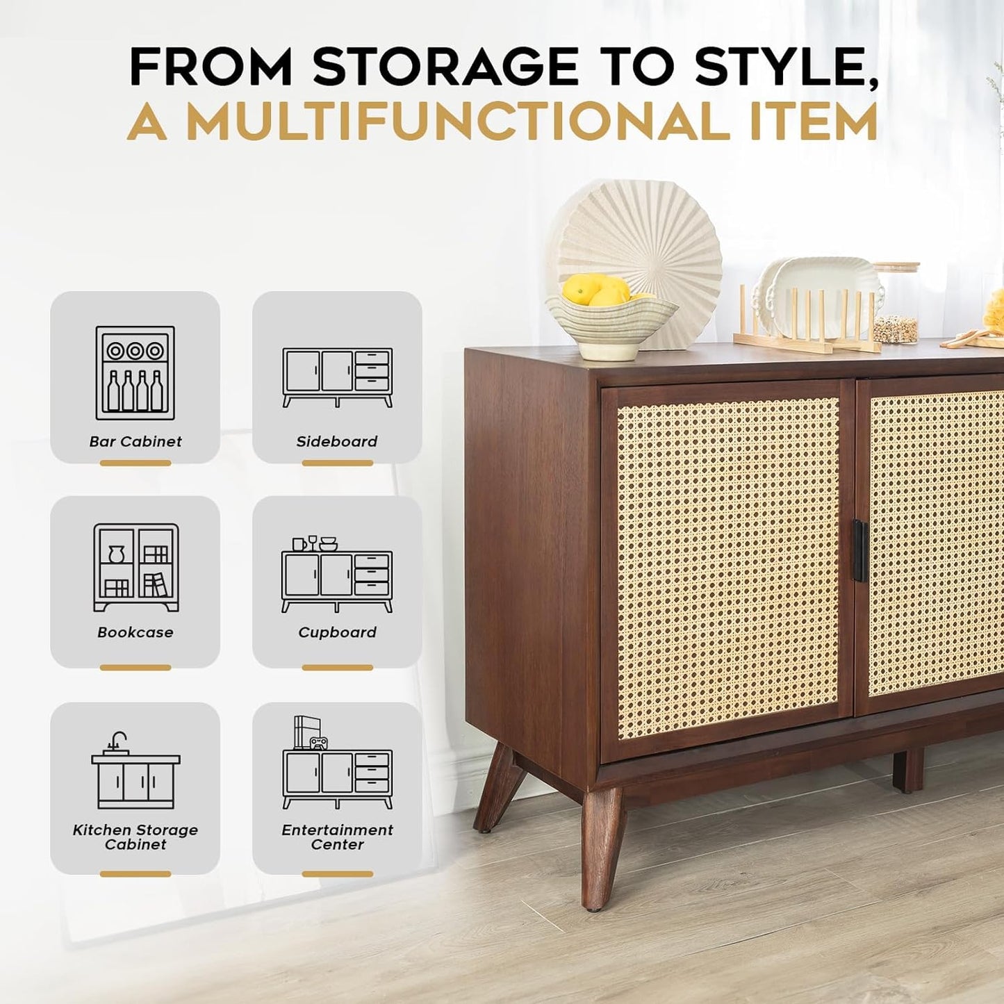 **58" Rattan Buffet Sideboard with 3 Drawers and 2 Doors, Pre-Assembled Accent Console Table for Living Room, Kitchen, or Dining, Walnut**