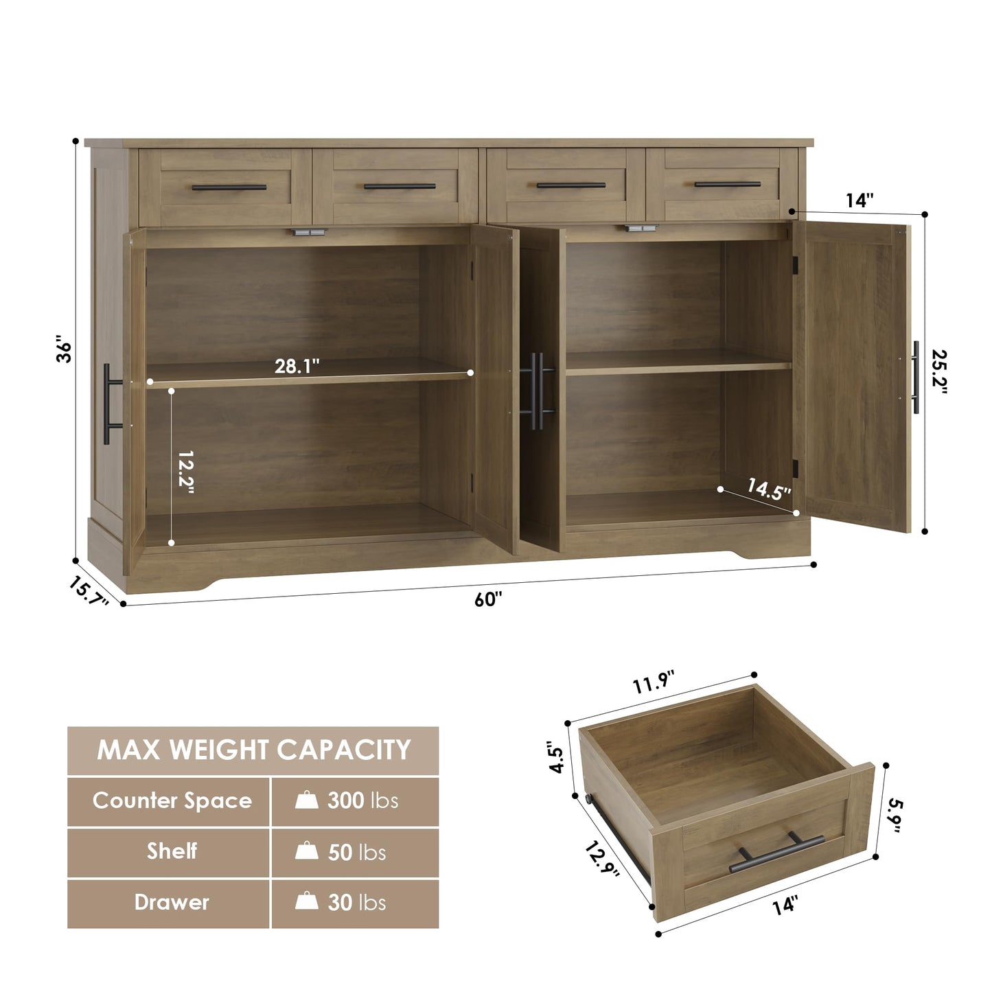 60" Large Buffet Sideboard with 4 Drawers and Storage, 36" Tall Modern Kitchen Cabinet with Black Handles, Rustic Brown