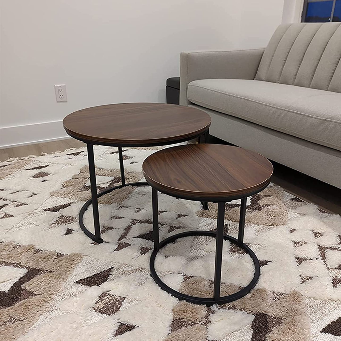Nesting Coffee Table Set of 2, Round End Tables with Sturdy Metal Frame for Living Room or Bedroom, Modern Industrial Style