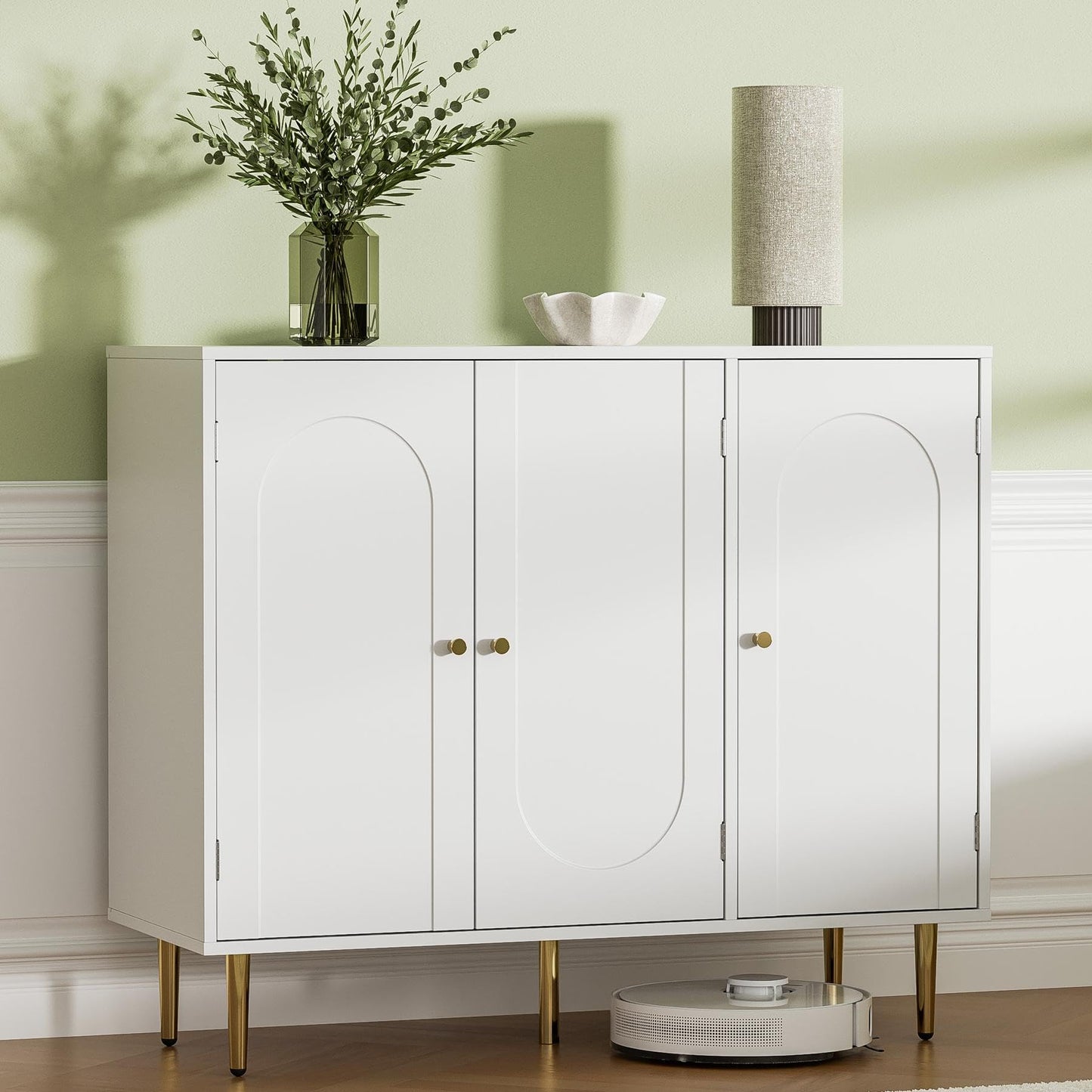 Set of 2 Sideboard Buffet Cabinets with 3 Doors and Adjustable Shelf, Arched Shaker Door Coffee Bar Storage for Living or Dining Room, White