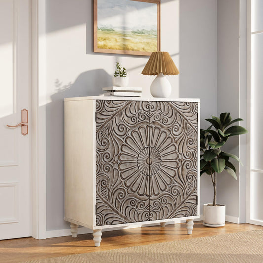 **COSIEST 32" Sideboard Buffet Cabinet with Storage, Accent Cabinet with 2 Push-to-Open Magnetic Doors, Vintage MDF Buffet Table for Living Room, Kitchen, or Hallway, Gray with Flower Pattern**