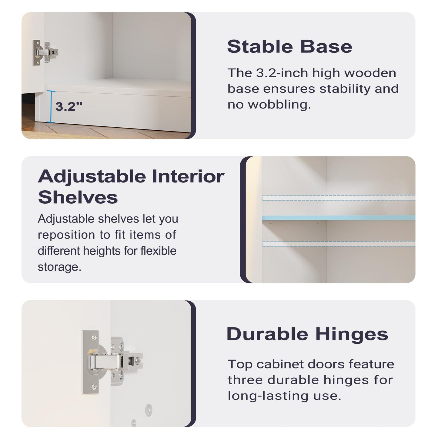 High Gloss Buffet Cabinet with LED Lights and Charging Station, Modern Handleless Sideboard Coffee Bar with 3 Doors for Living Room or Entryway, White