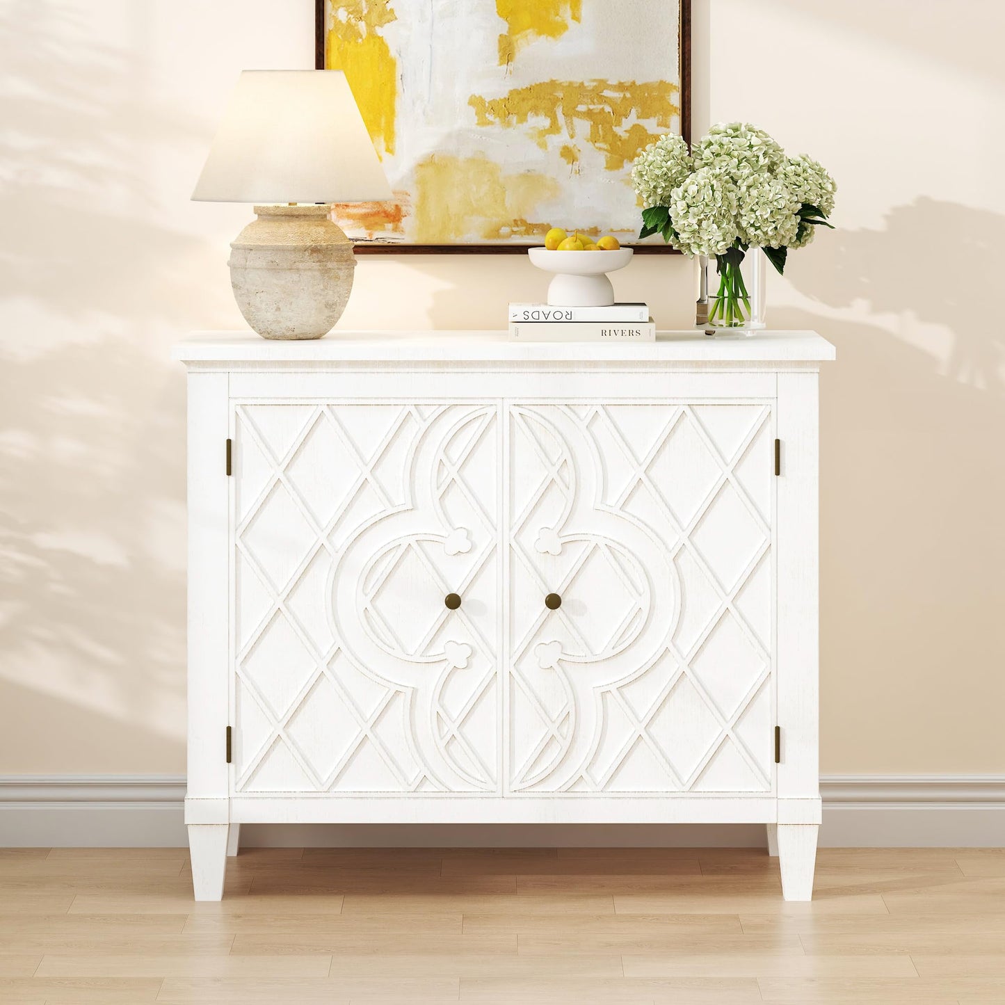 40" Coffee Bar Cabinet with Doors and Shelf, Wood Storage Sideboard with Carved Motif for Living Room, Kitchen, or Entryway, Distressed White