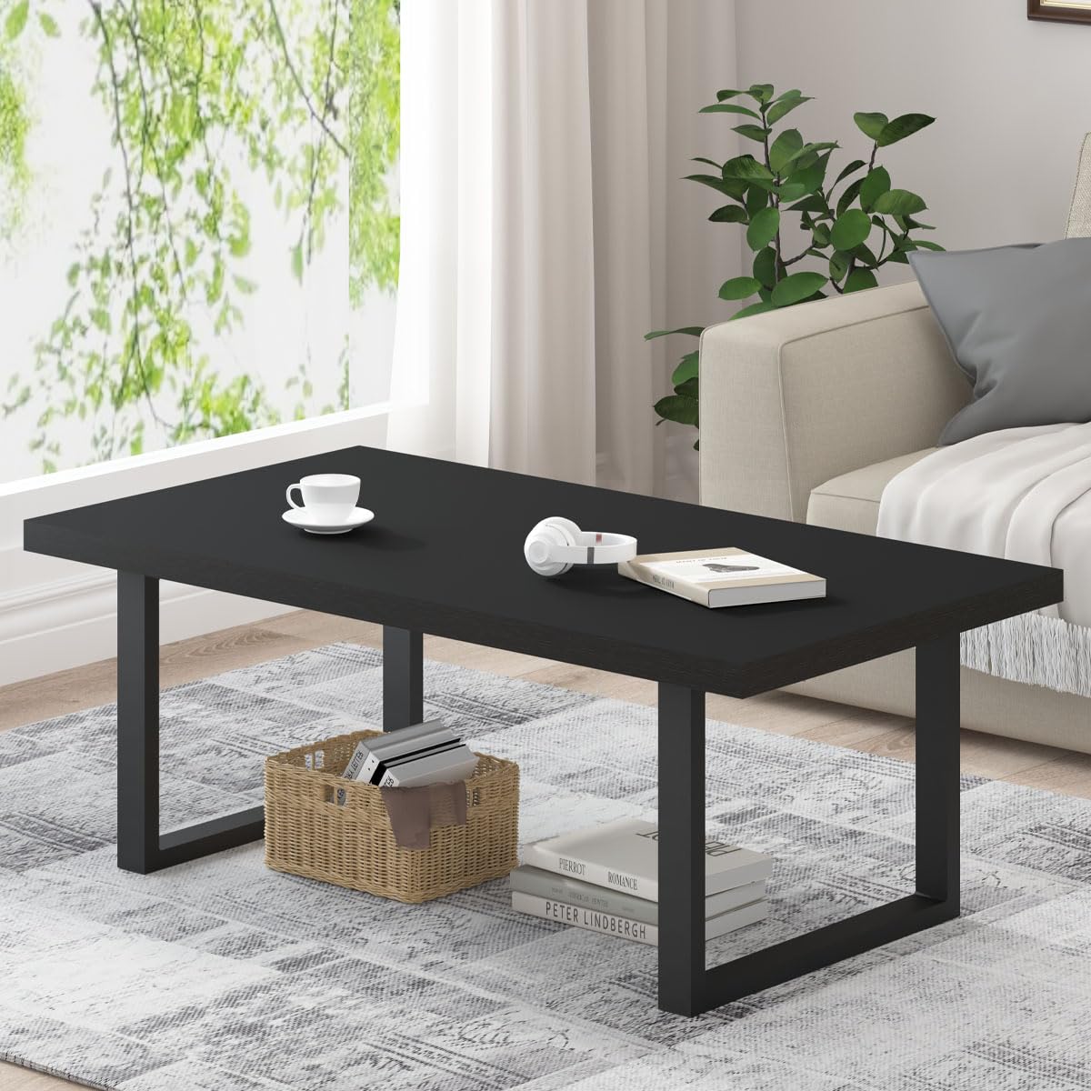 IBF 47" Modern Black Coffee Table – Minimalist Industrial Rectangle Center Table, Farmhouse Wood and Metal Living Room Coffee Table for Home, Bedroom, or Office, Black Oak