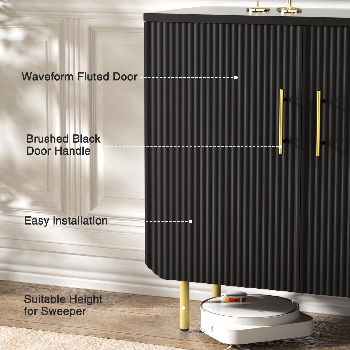 Buffet Cabinet with 2 Doors and Adjustable Shelf, Fluted Modern Sideboard Accent Cabinet for Living Room, Black