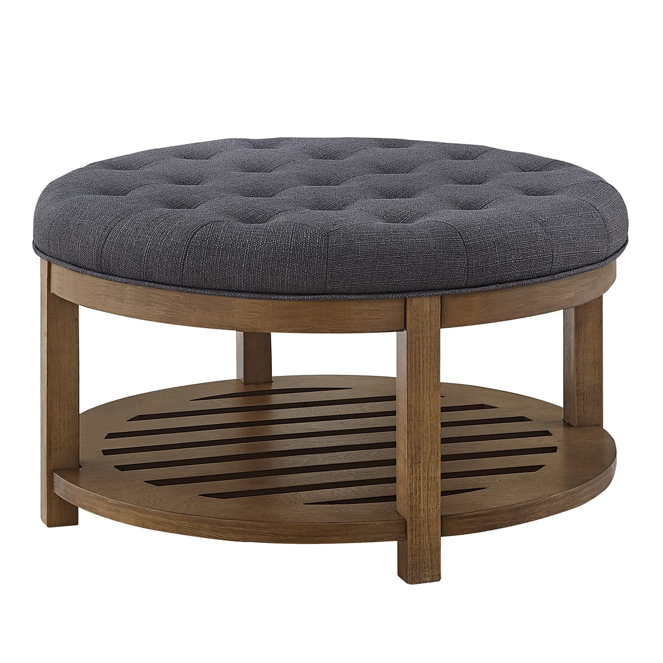24KF Large Round Upholstered Tufted Linen Ottoman Coffee Table with Wooden Storage Shelf, Large Footrest Ottoman for Living Room, Charcoal