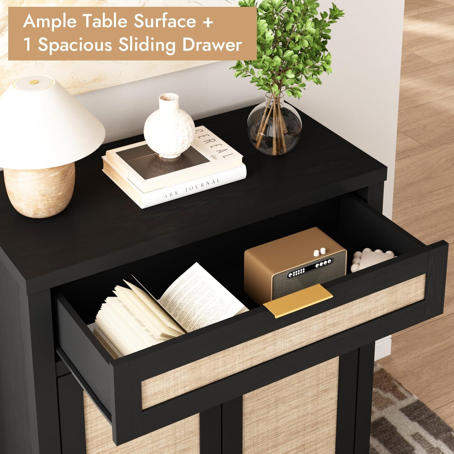 Boho Rattan Sideboard Buffet Cabinet with Doors and Drawer, Farmhouse Storage Credenza with Adjustable Shelf for Living Room, Hallway, or Kitchen, Black