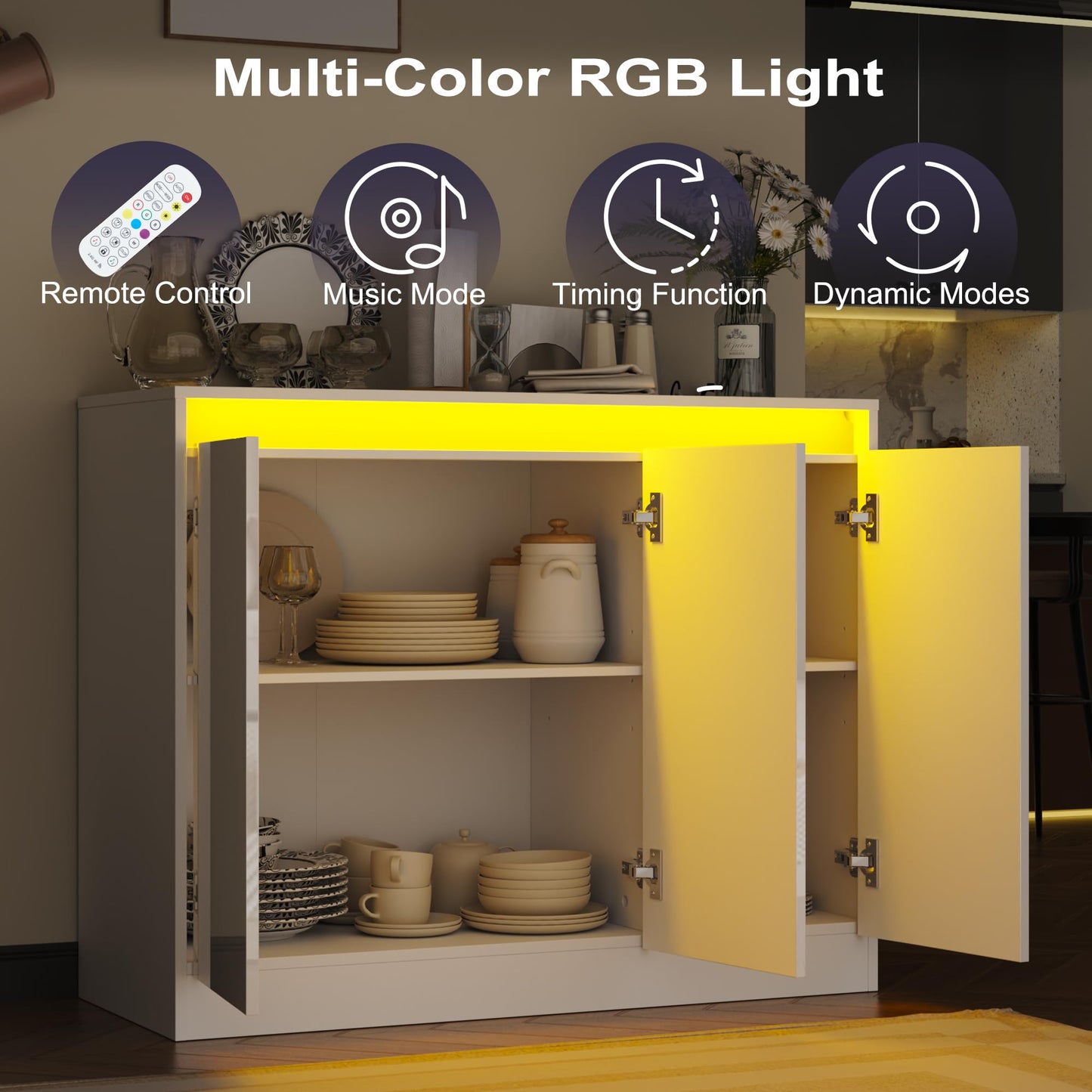 High Gloss Buffet Cabinet with LED Lights and Charging Station, Modern Handleless Sideboard Coffee Bar with 3 Doors for Living Room or Entryway, White