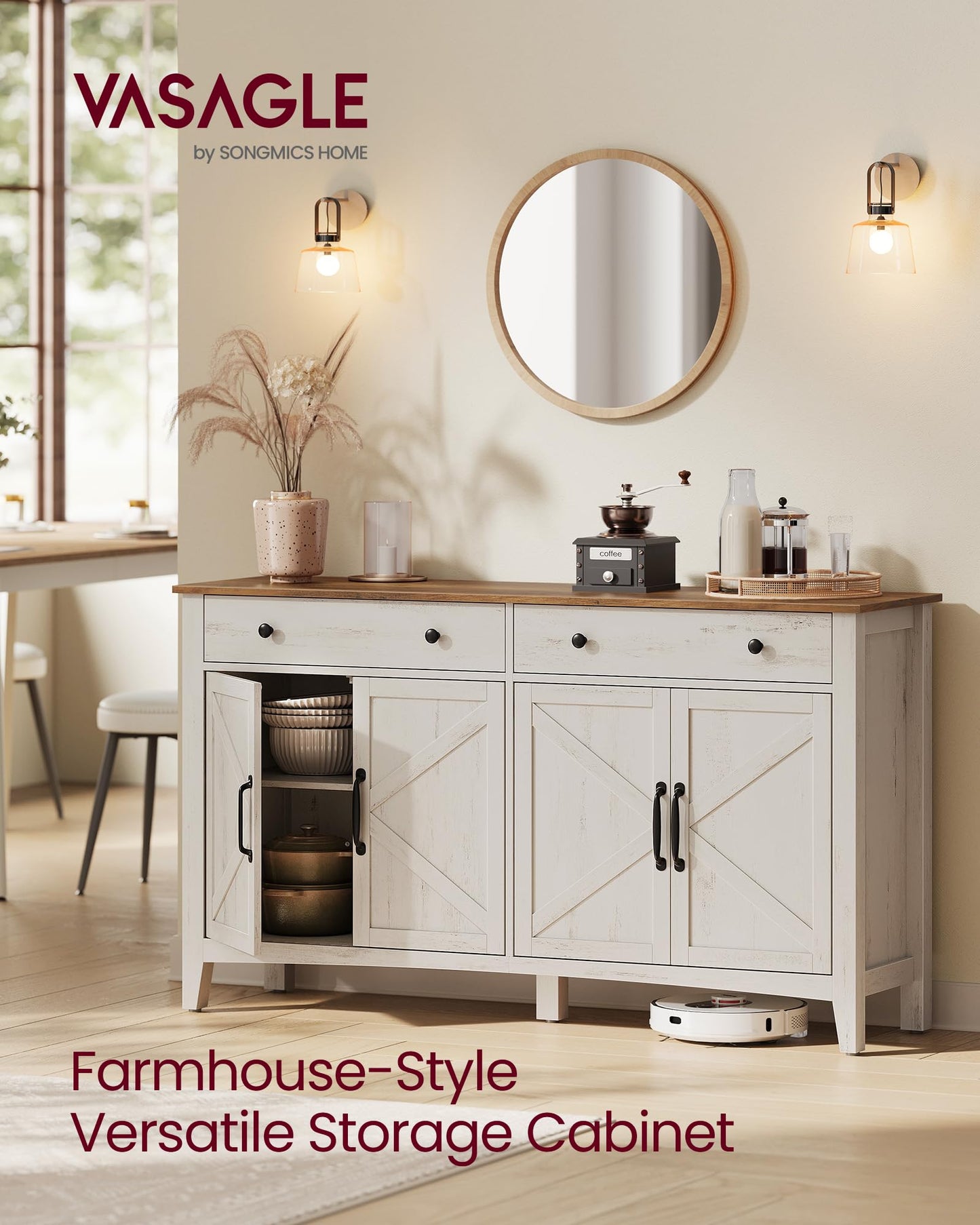 **Buffet Cabinet, Coffee Bar Cabinet with 2 Drawers, Adjustable Shelves, Sideboard Storage with Cable Holes and Drawer Dividers, Rustic White and Honey Brown**