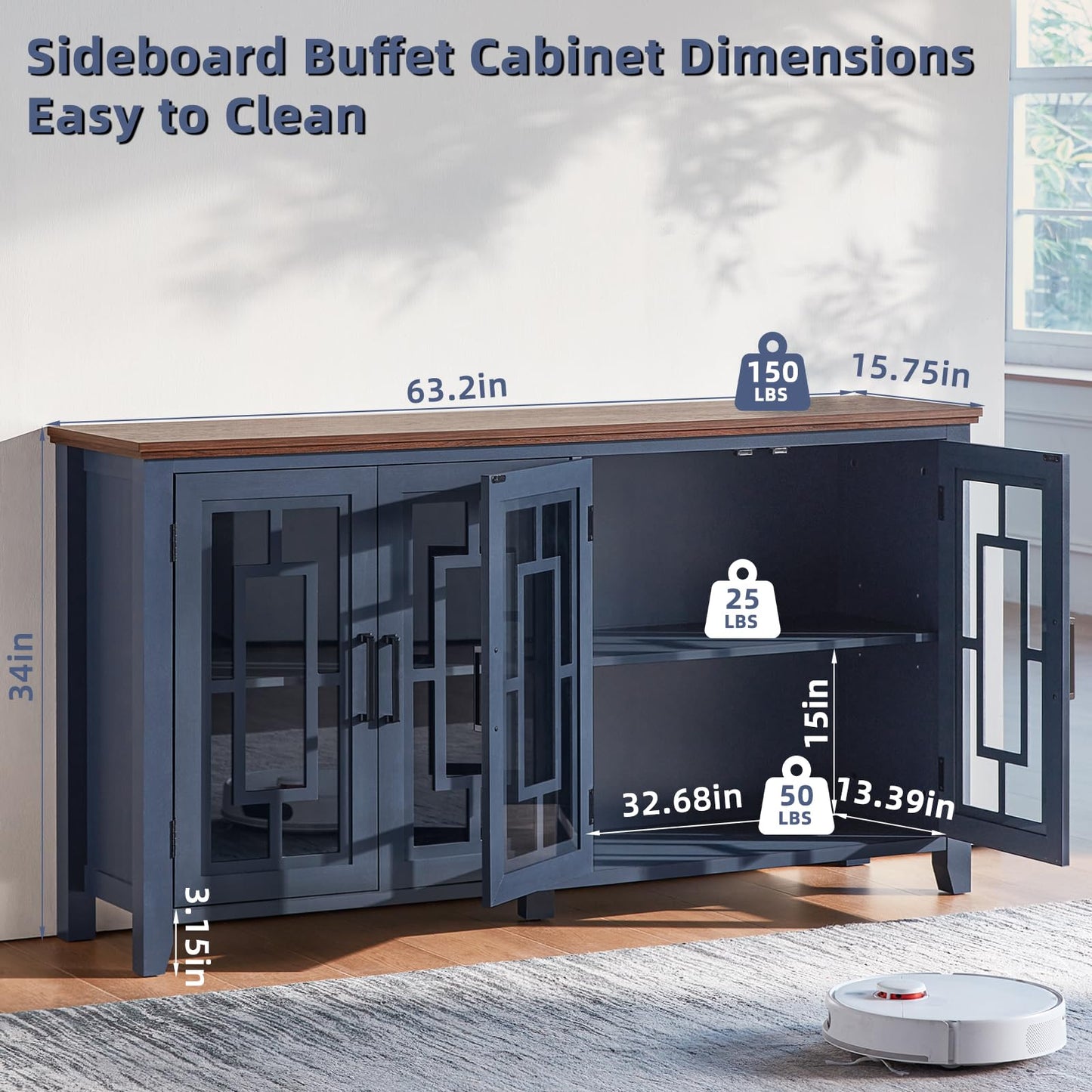 **63" Large Farmhouse Sideboard Buffet Cabinet with Storage, Navy Blue Wood Coffee & Wine Bar Cabinet with 4 Glass Doors, Mid-Century Modern Sideboard for Dining Room or Living Room**