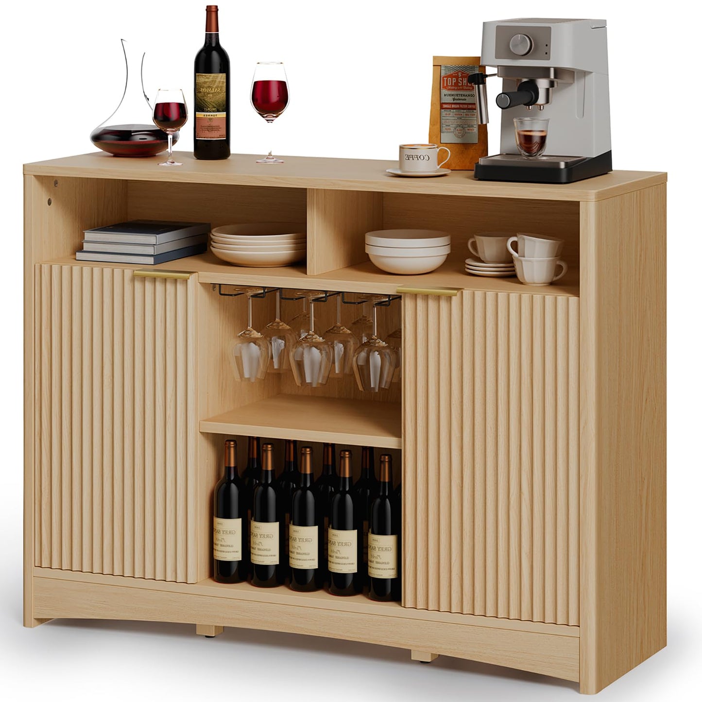 Coffee Bar Cabinet with Wine Glass Rack, 47" Buffet Sideboard with Adjustable Shelves and Soft-Close Hinges, Holds 200 lbs, Natural Oak