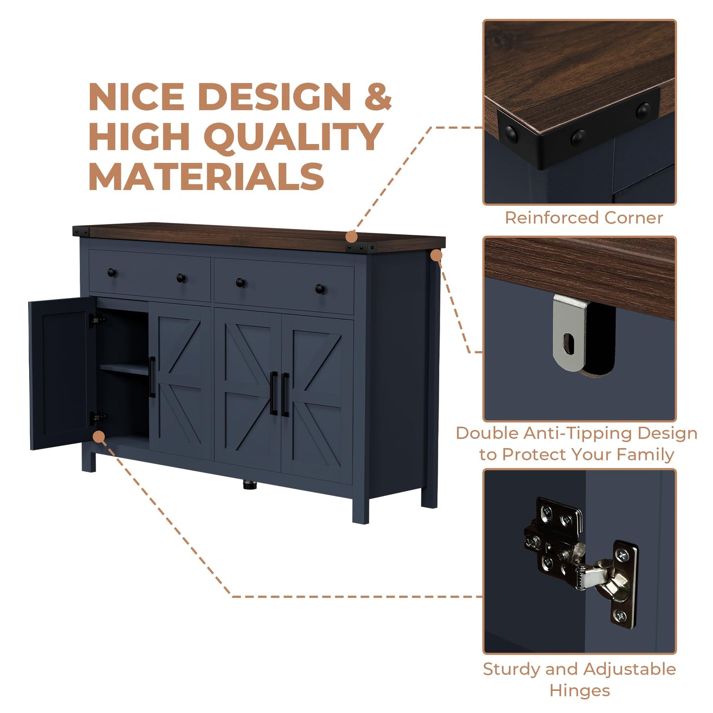 Farmhouse Buffet Cabinet with Storage, 55" Large Sideboard with 4 Doors & 2 Drawers, Blue Wood Coffee Bar Cabinet for Kitchen, Dining Room & Living Room