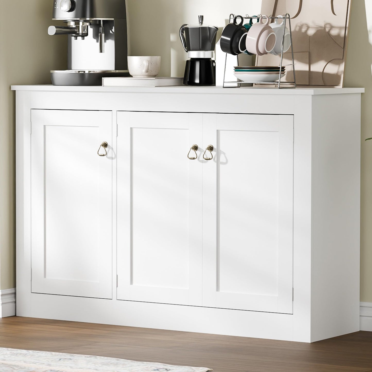 44.5" White Buffet Cabinet with Storage, Wood Console Table Coffee Bar Sideboard for Kitchen, Dining, Living Room, or Entryway