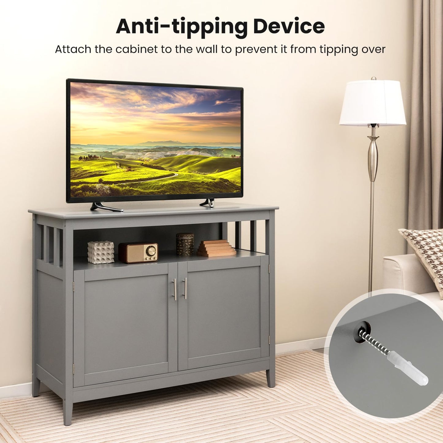 Freestanding Buffet Cabinet with Adjustable Shelf, Kitchen Storage Sideboard Console Table, 45" x 20" x 36", Grey