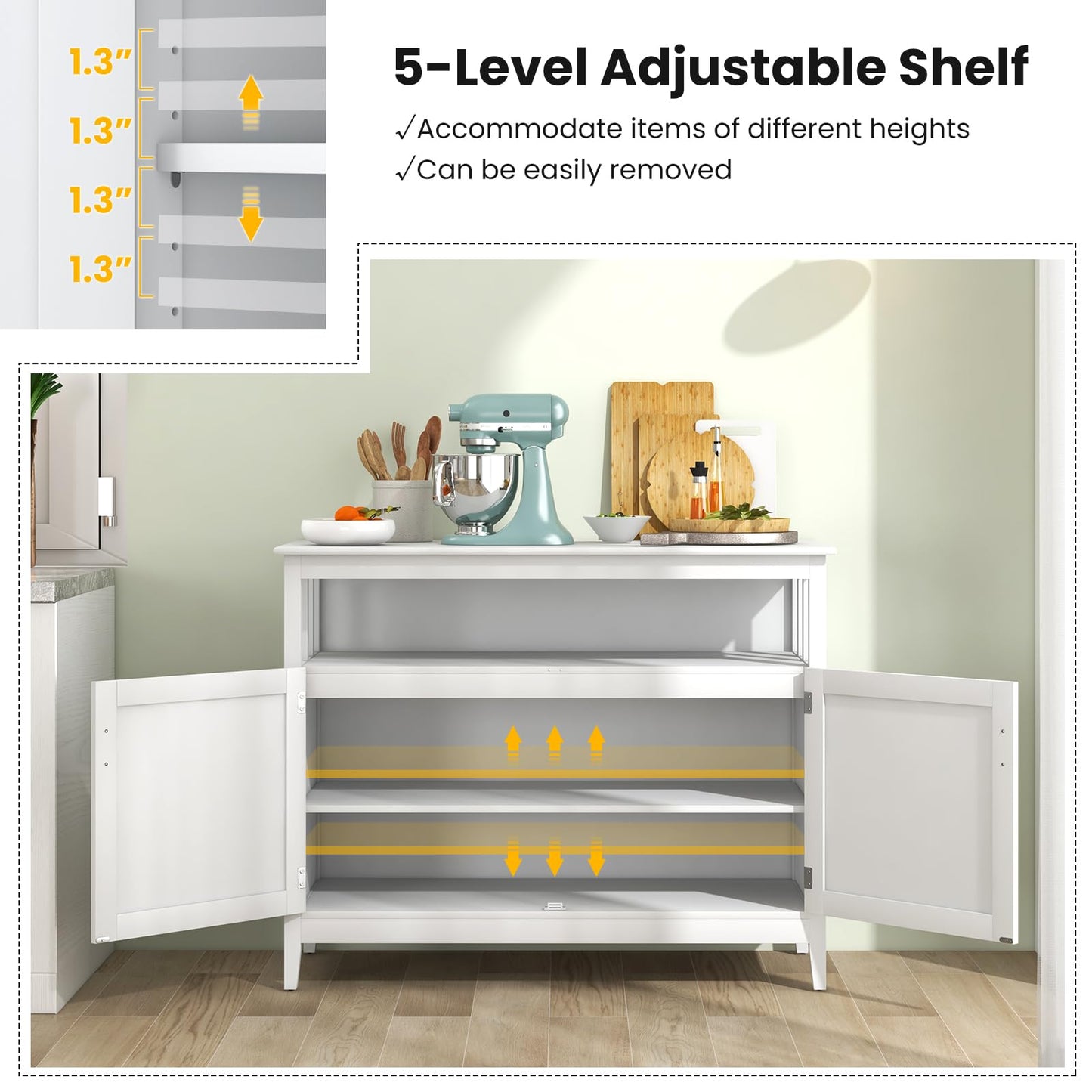 Freestanding Buffet Cabinet with Adjustable Shelf, Kitchen Storage Sideboard Console Table, 45" x 20" x 36", White