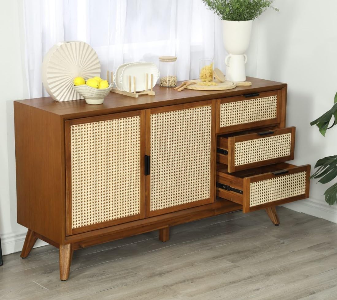 **58" Rattan Buffet Sideboard with 3 Drawers and 2 Doors, Pre-Assembled Accent Console Table for Living Room, Kitchen, or Dining, Dark Chocolate**