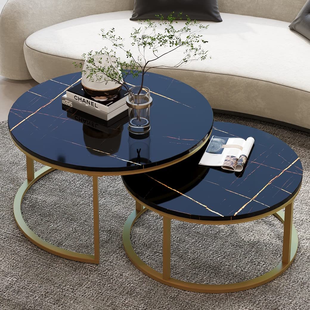 WiberWi Round Nesting Coffee Tables Set of 2 – Large Ø34", Small Ø26", Modern Gold Metal Frame Circle Tables with High Gloss Faux Black Marble Top for Living Room