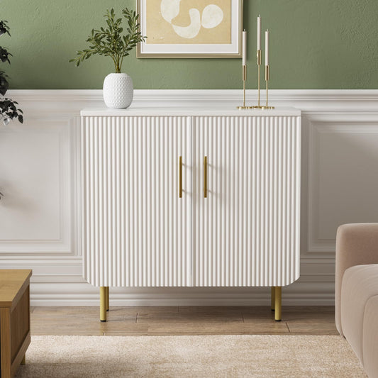 Buffet Cabinet with 2 Doors and Adjustable Shelf, Fluted Modern Sideboard Accent Cabinet for Living Room, White