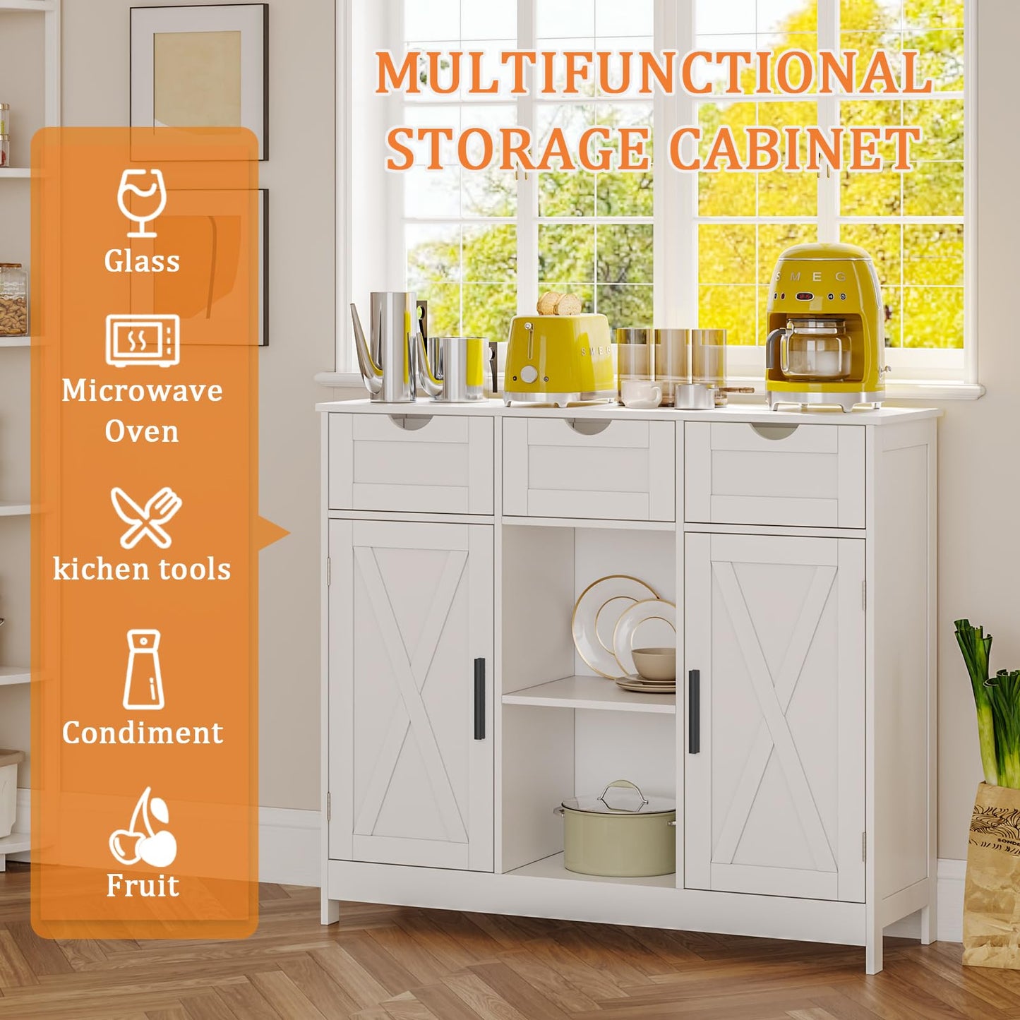 Storage Cabinet with 2 Doors, 3 Drawers, and 2 Adjustable Shelves, Coffee Bar Sideboard for Bathroom, Kitchen, or Living Room, White