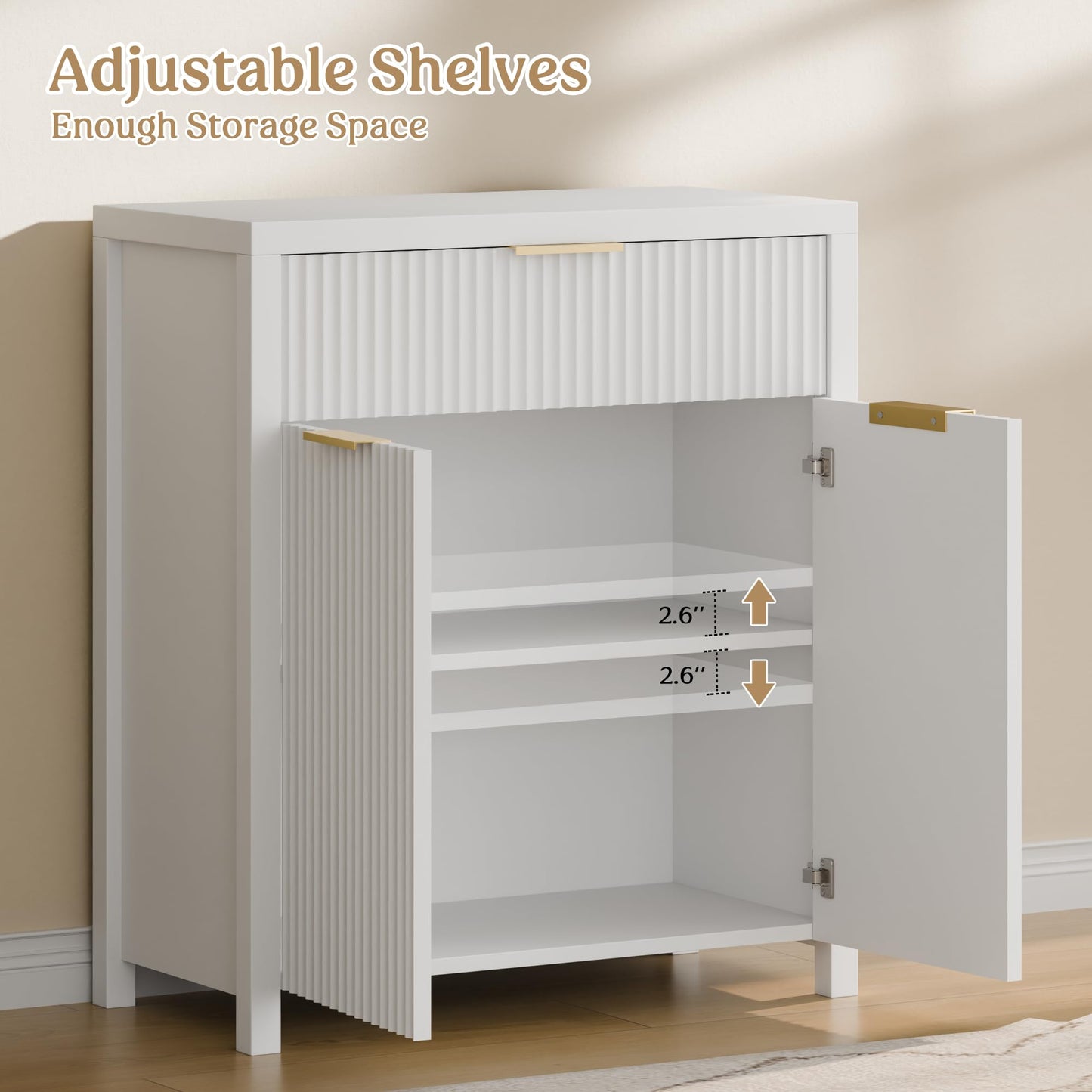 White Fluted Storage Cabinet with Drawers and Adjustable Shelves, Buffet Sideboard for Kitchen, Living Room, or Entryway