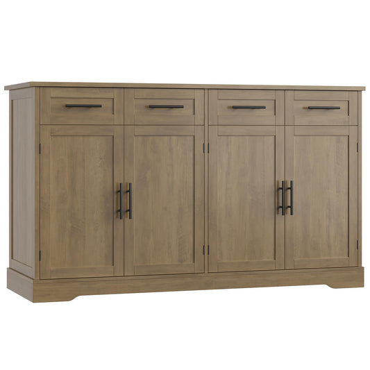 60" Large Buffet Sideboard with 4 Drawers and Storage, 36" Tall Modern Kitchen Cabinet with Black Handles, Rustic Brown