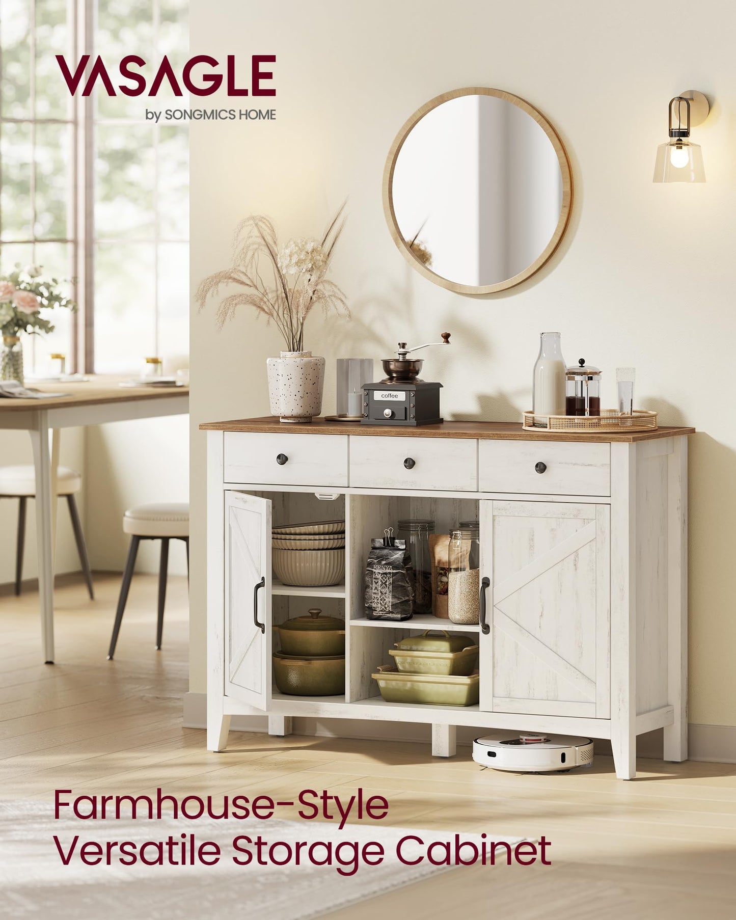 **Buffet Cabinet, Coffee Bar Cabinet with 3 Drawers, Adjustable Shelves, Sideboard Storage with Cable Holes and Drawer Dividers, Rustic White and Honey Brown**